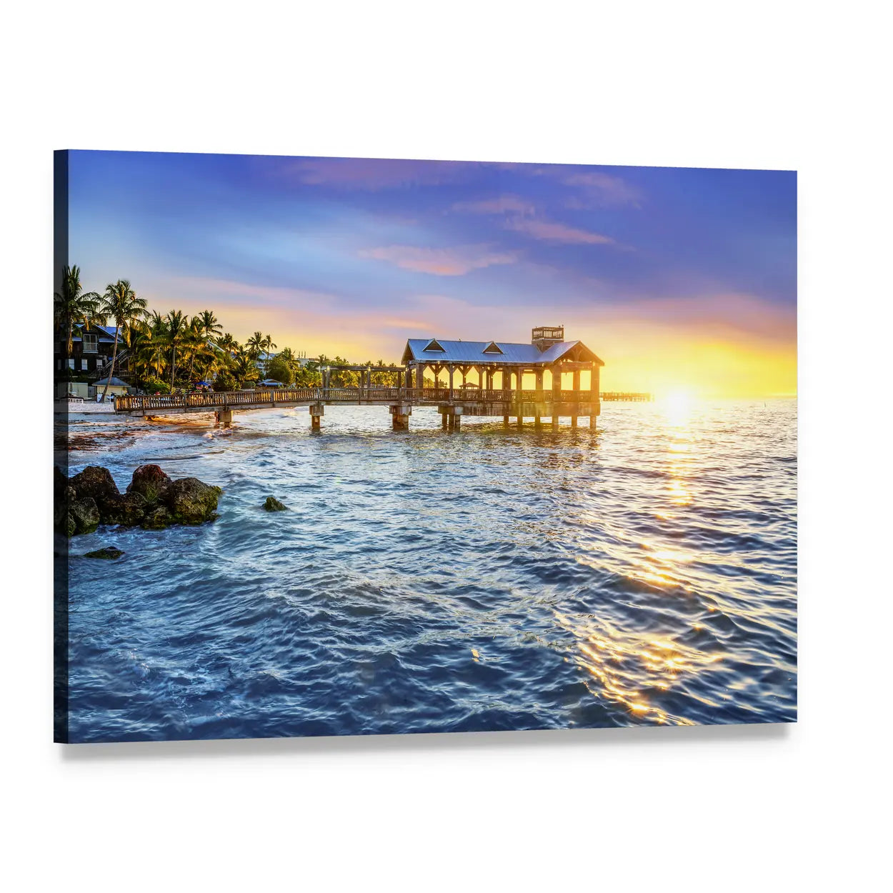 Sunset Pier with Reflective Ocean Canvas Wall Art, single panel gallery wrapped canvas, angled product view