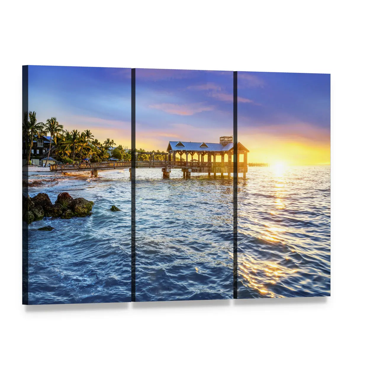 Sunset Pier with Reflective Ocean Canvas Wall Art, 3 panel 3 Horizontal layout gallery wrapped canvas set, angled product view