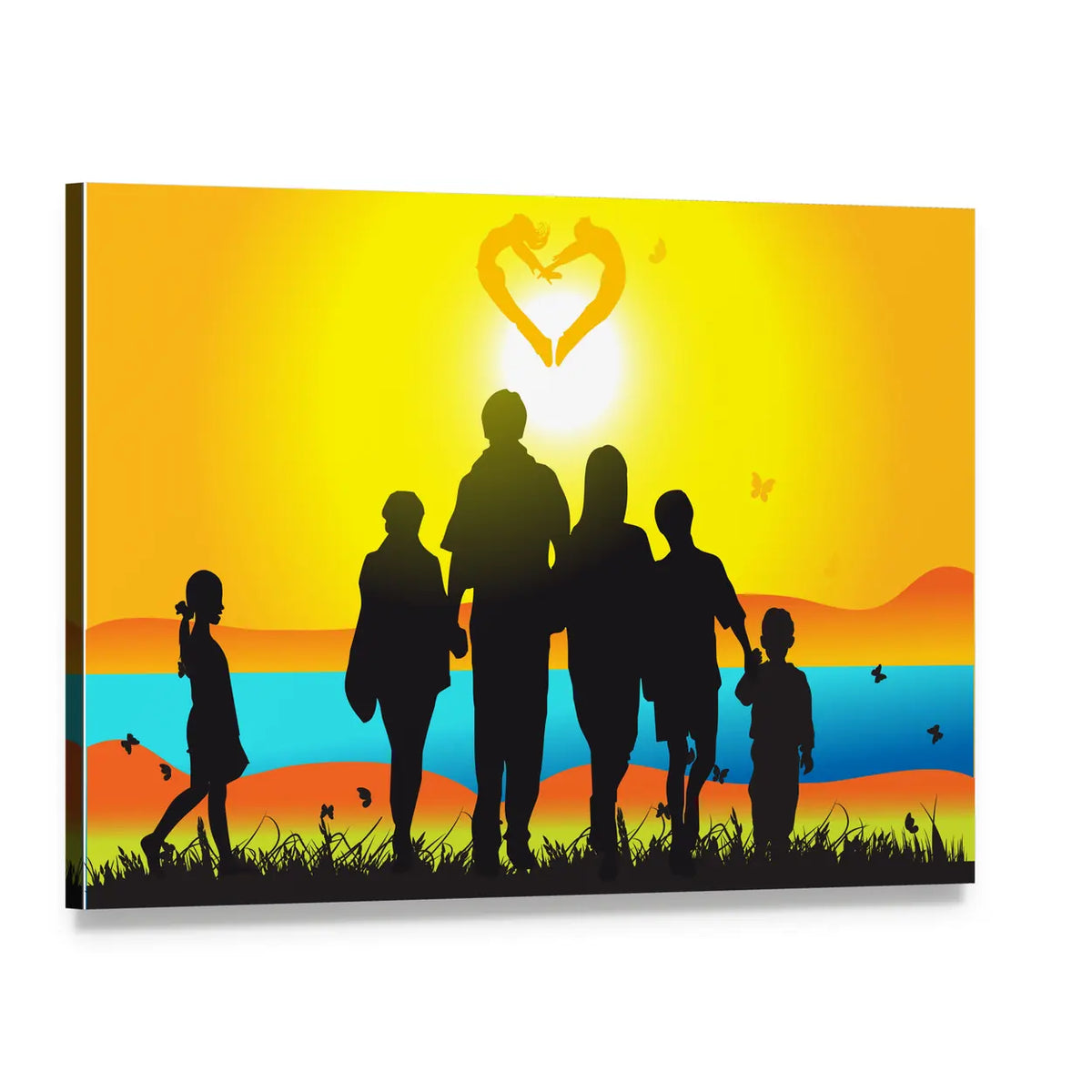 Family Silhouette at Sunset with Heart Sun Canvas Wall Art, single panel gallery wrapped canvas, angled product view