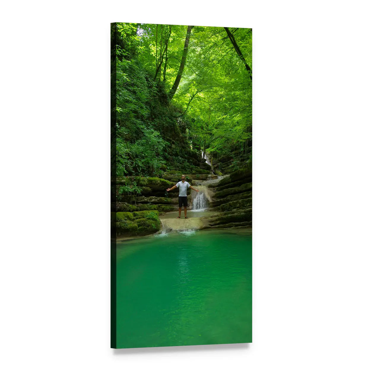Man at Forest Waterfall Pool Vertical Canvas Wall Art, 1 panel 1 Vertical layout gallery wrapped canvas set, angled product view