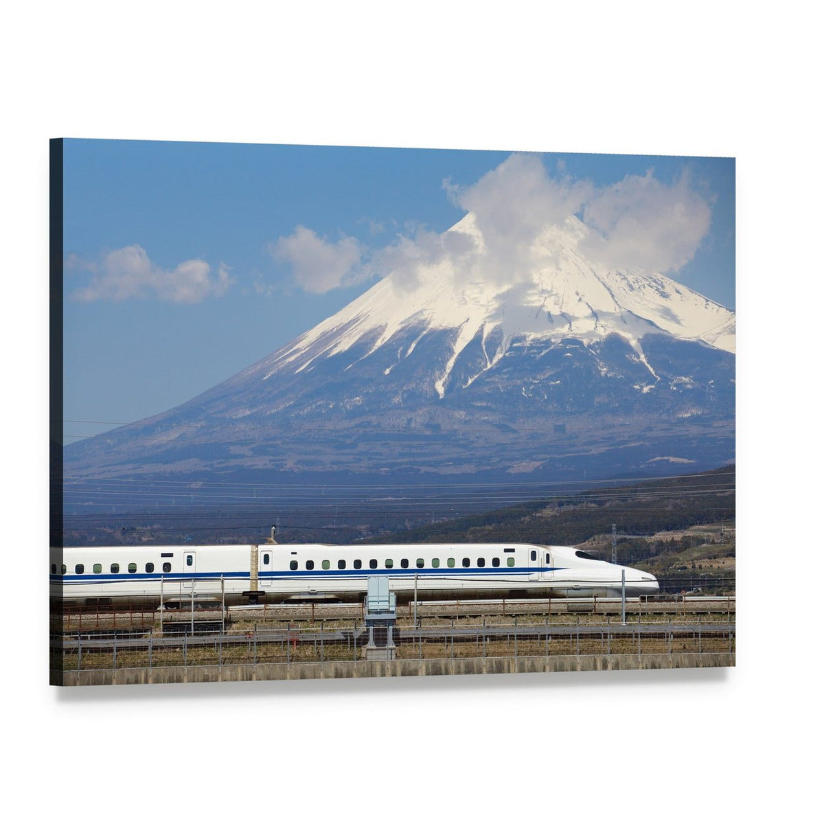 Mt Fuji and Tokaido Shinkansen Canvas Wall Art, single panel gallery wrapped canvas, angled product view