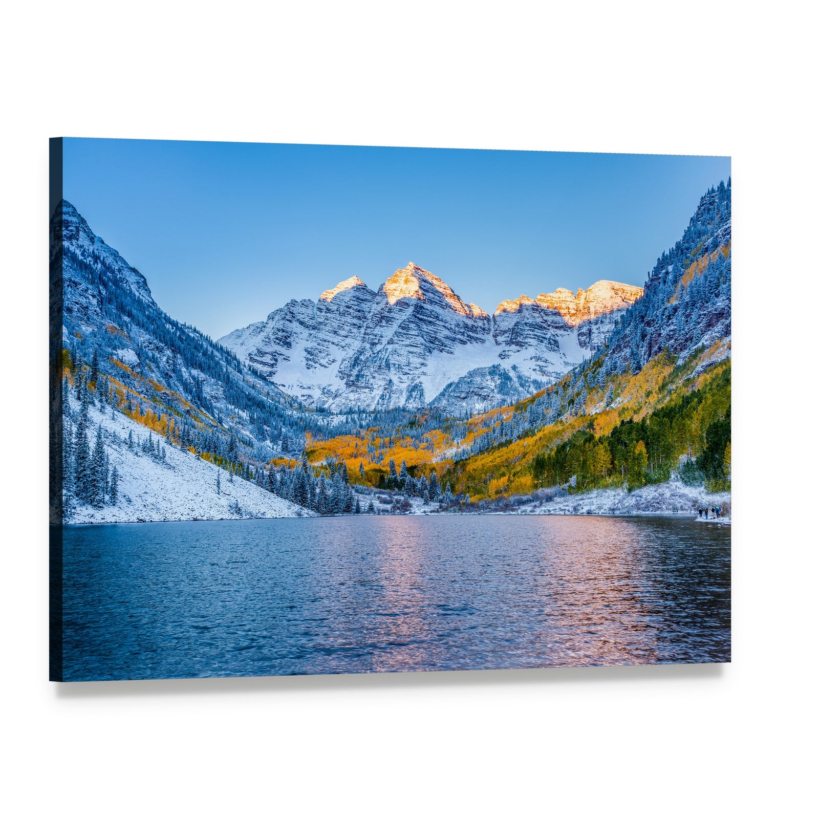 Maroon Bells at Serene Sunrise Canvas Wall Art, single panel gallery wrapped canvas, angled product view
