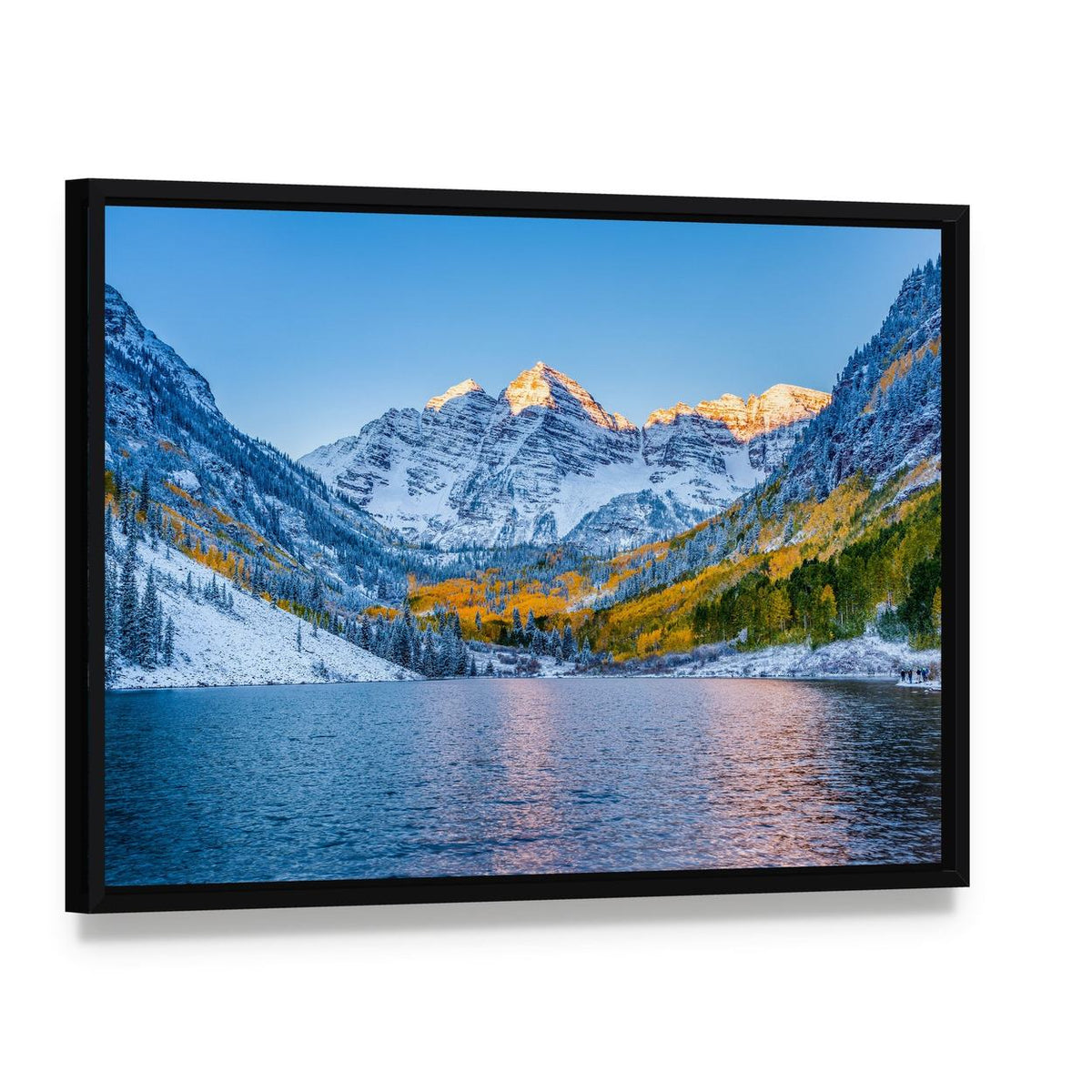 Maroon Bells at Serene Sunrise Canvas Wall Art, framed canvas in a black floater frame, angled product view