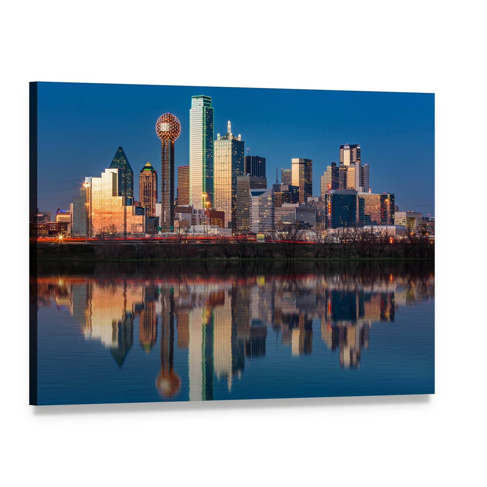 Dallas Skyline at Sunset Canvas Wall Art, single panel gallery wrapped canvas, angled product view