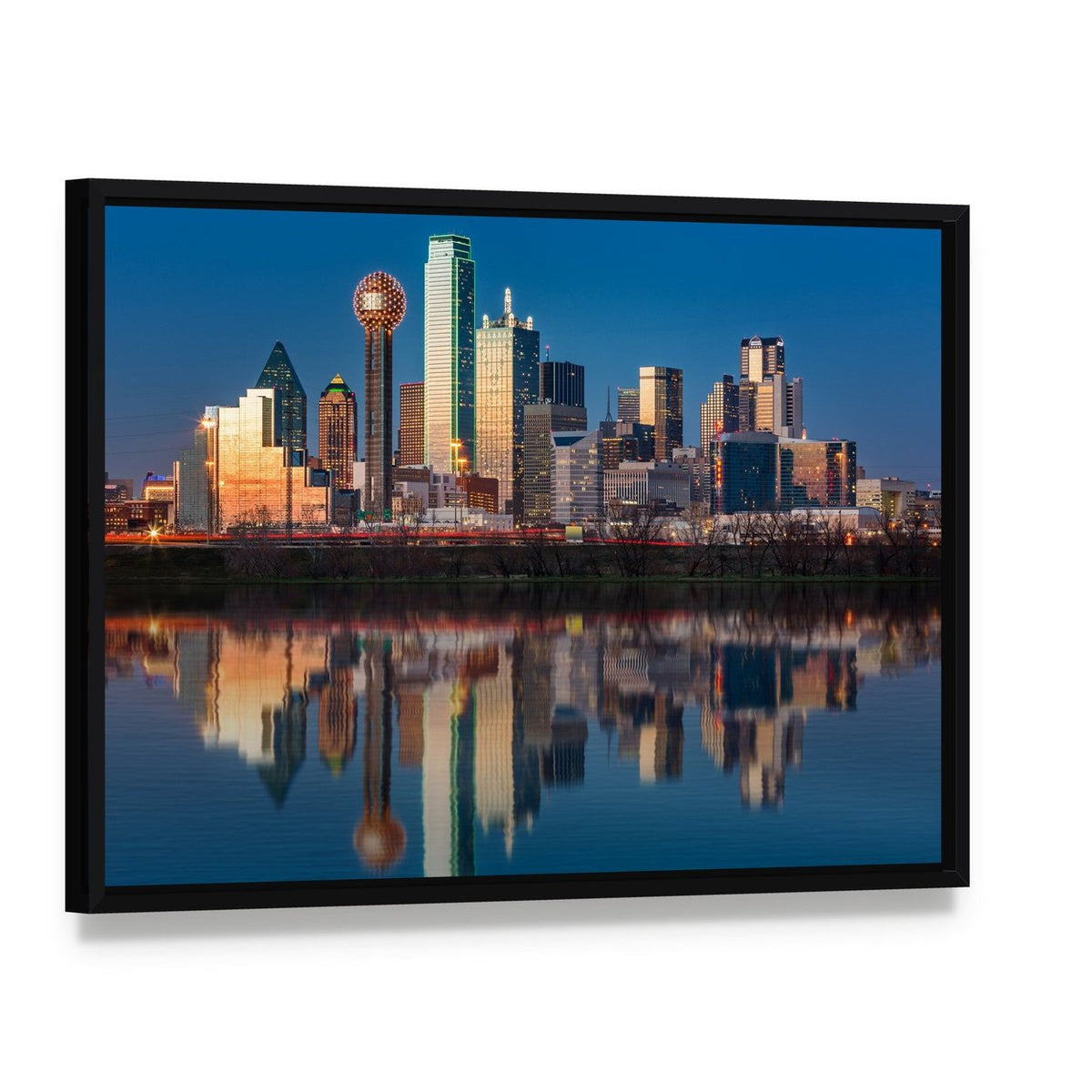 Dallas Skyline at Sunset Canvas Wall Art, framed canvas in a black floater frame, angled product view