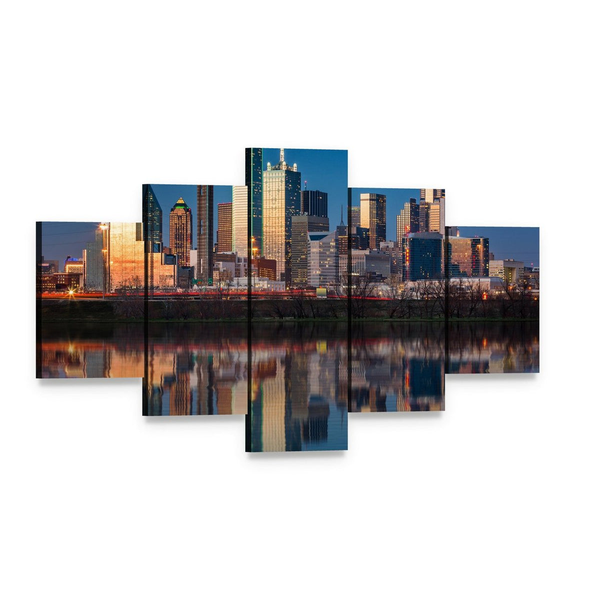 Dallas Skyline at Sunset Canvas Wall Art, 5 panel 5 Star layout gallery wrapped canvas set, angled product view