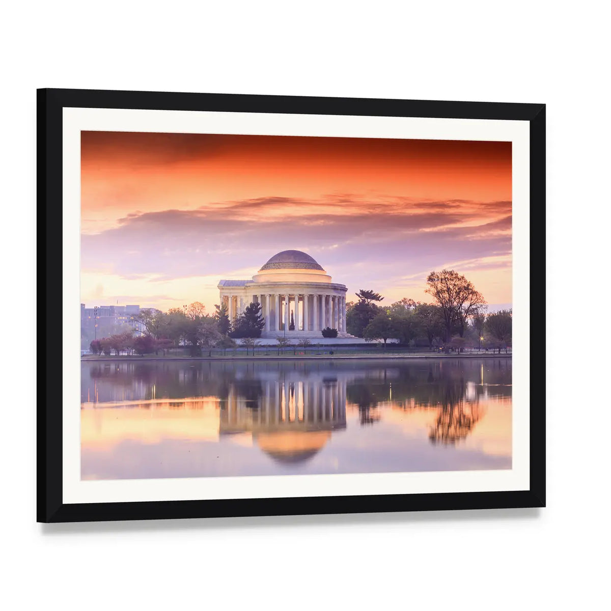 Jefferson Memorial Sunset Reflection Canvas Wall Art, framed print with white mat and black frame, angled product view