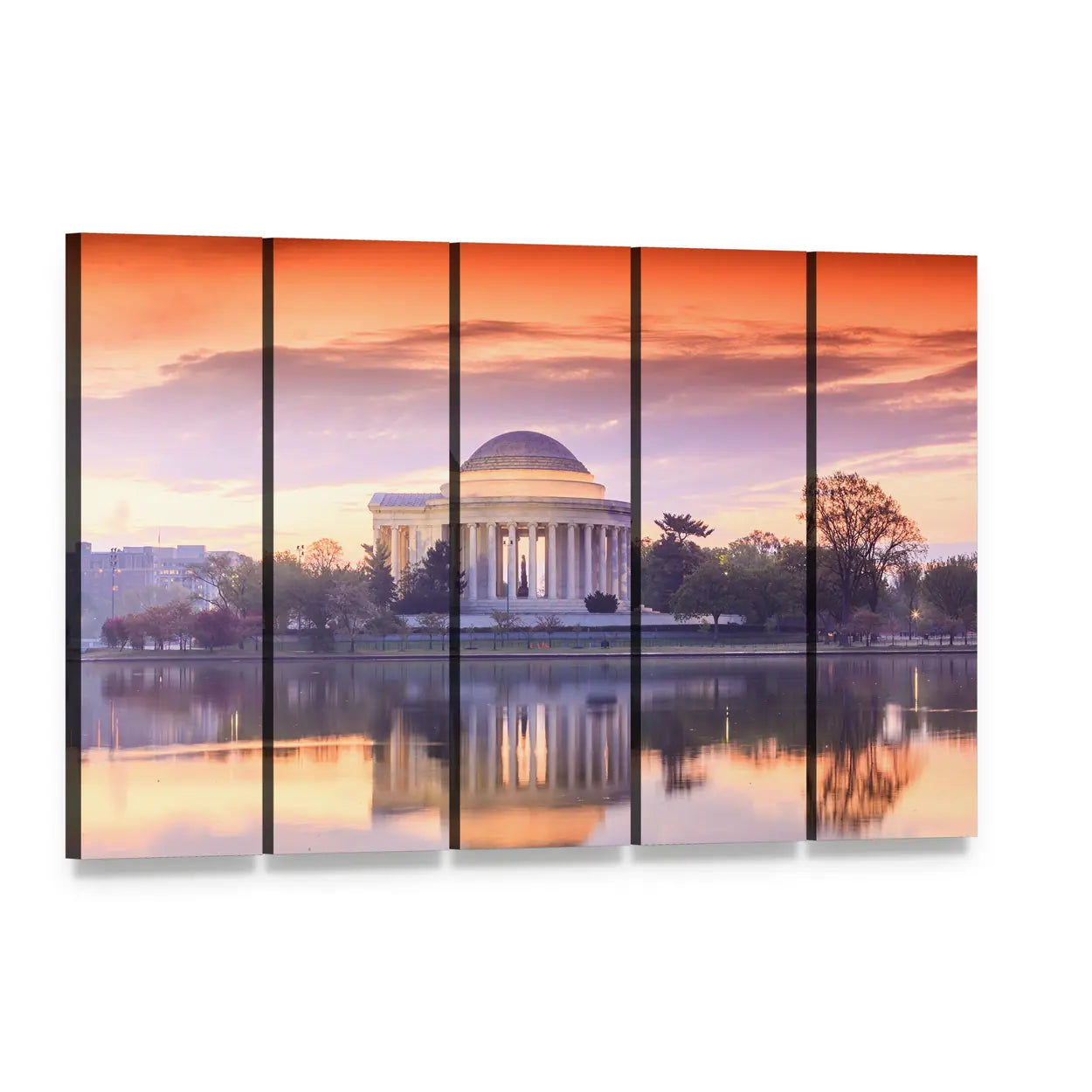 Jefferson Memorial Sunset Reflection Canvas Wall Art, 5 panel 5 Horizontal layout gallery wrapped canvas set, angled product view