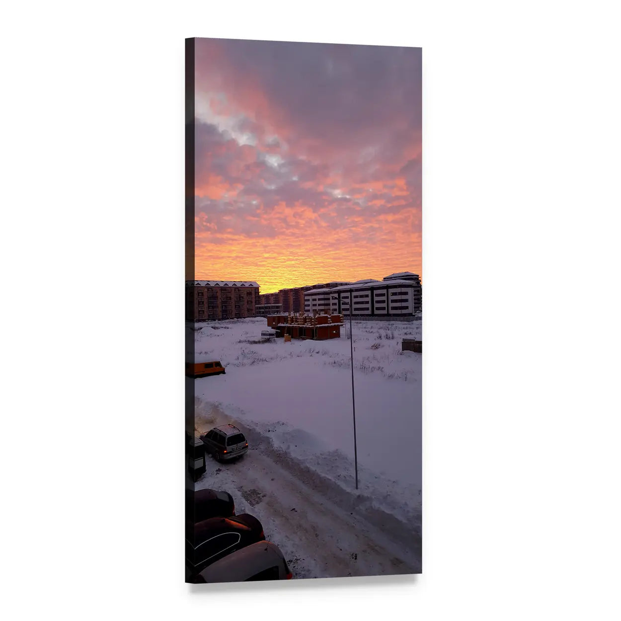 Snowy Suburban Sunset with Tire Tracks Vertical Canvas Wall Art, 1 panel 1 Vertical layout gallery wrapped canvas set, angled product view