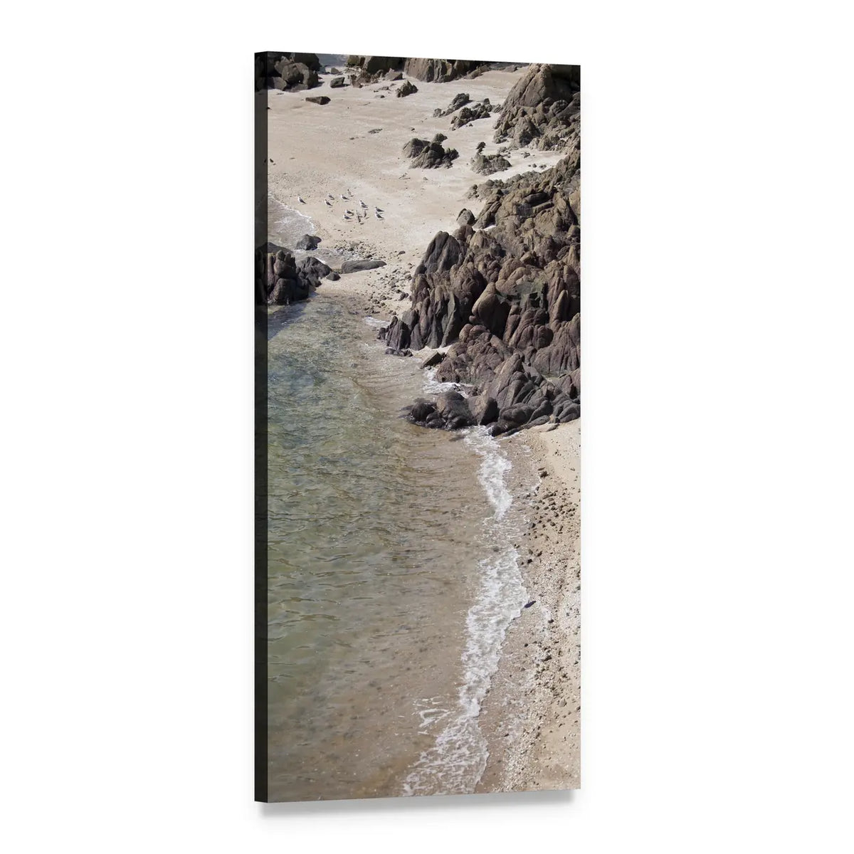 Sandy Beach with Rocky Coastline Vertical Canvas Wall Art, 1 panel 1 Vertical layout gallery wrapped canvas set, angled product view