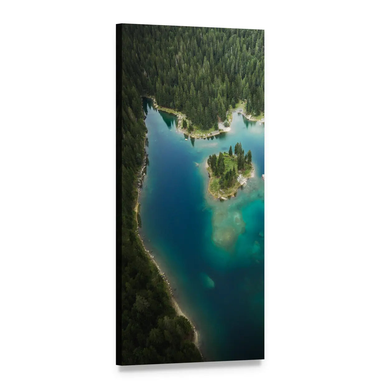 Tree-covered Island on Turquoise Lake Vertical Canvas Wall Art, 1 panel 1 Vertical layout gallery wrapped canvas set, angled product view