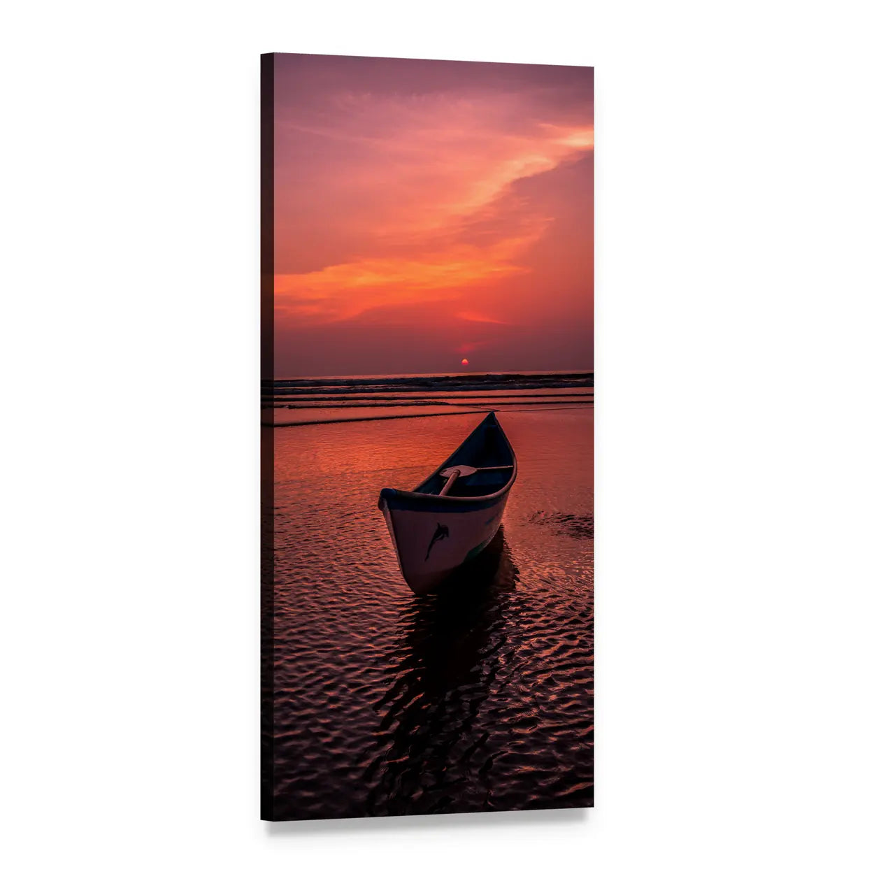 Boat at Sunset on the Sea Vertical Canvas Wall Art, 1 panel 1 Vertical layout gallery wrapped canvas set, angled product view