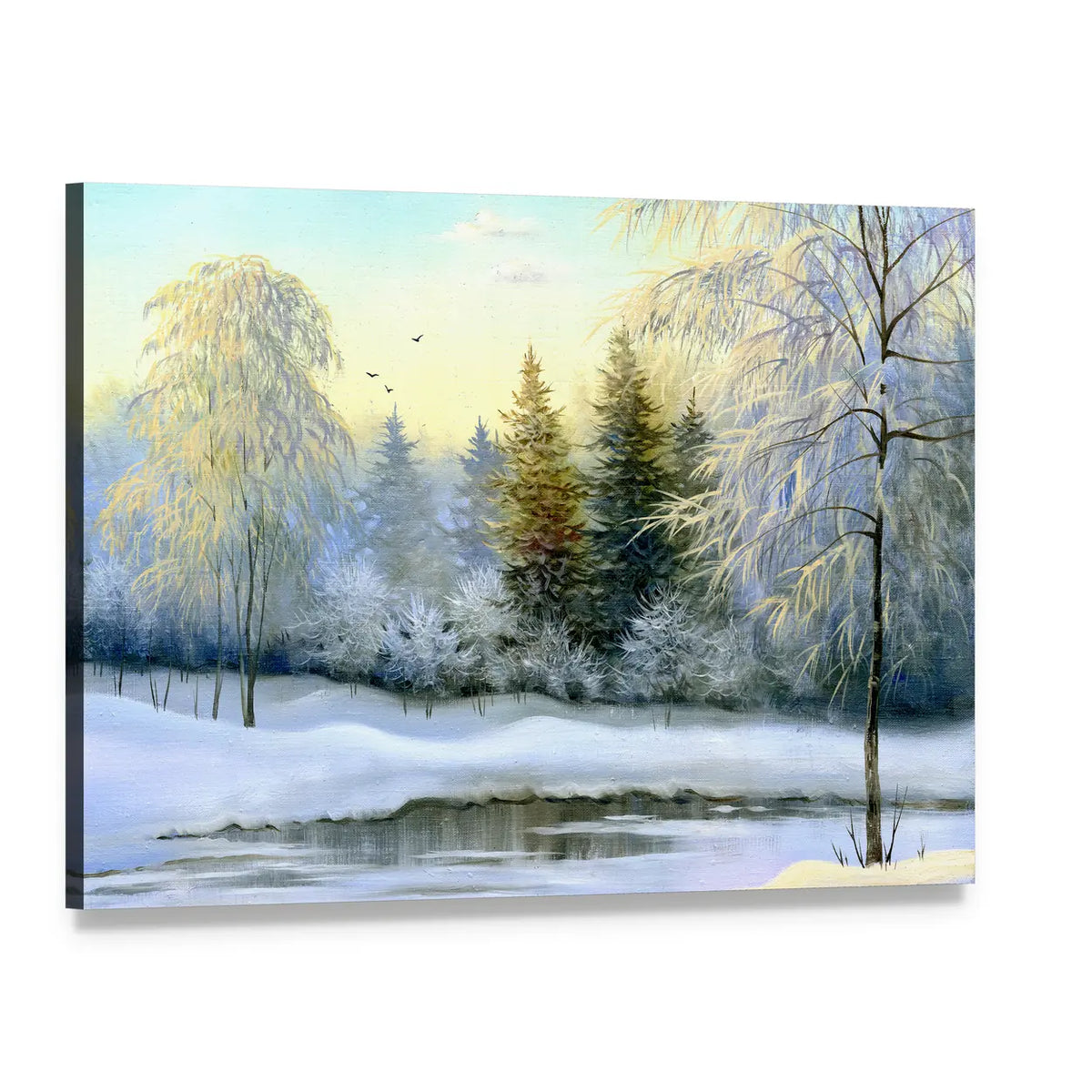 Snow-covered Forest and Frozen River Canvas Wall Art, single panel gallery wrapped canvas, angled product view