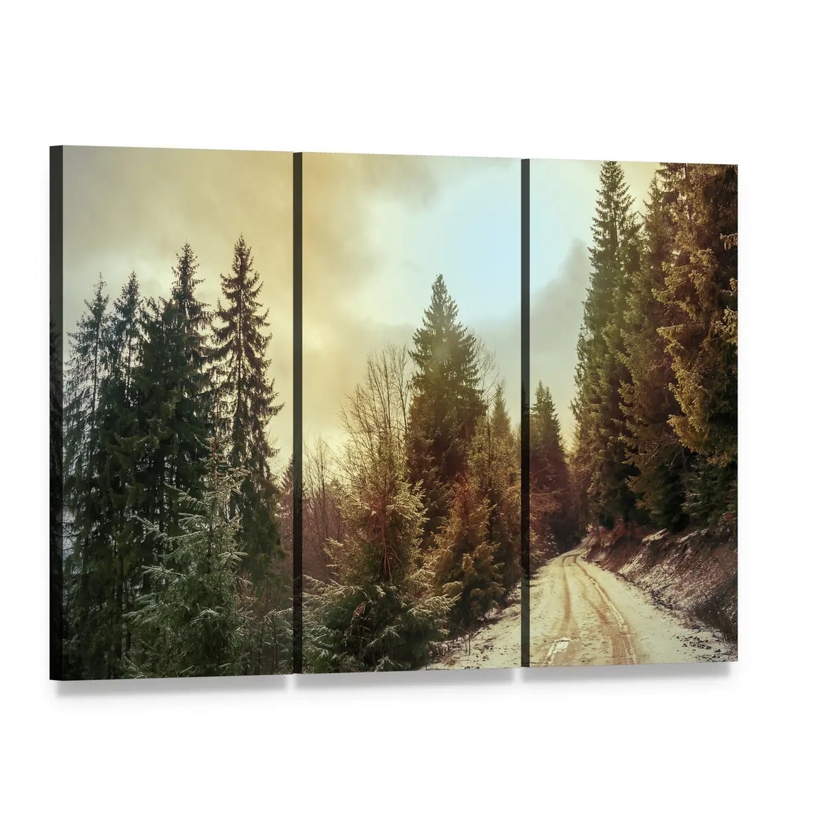 Snowy Forest Road in Winter Canvas Wall Art, 3 panel 3 Horizontal layout gallery wrapped canvas set, angled product view