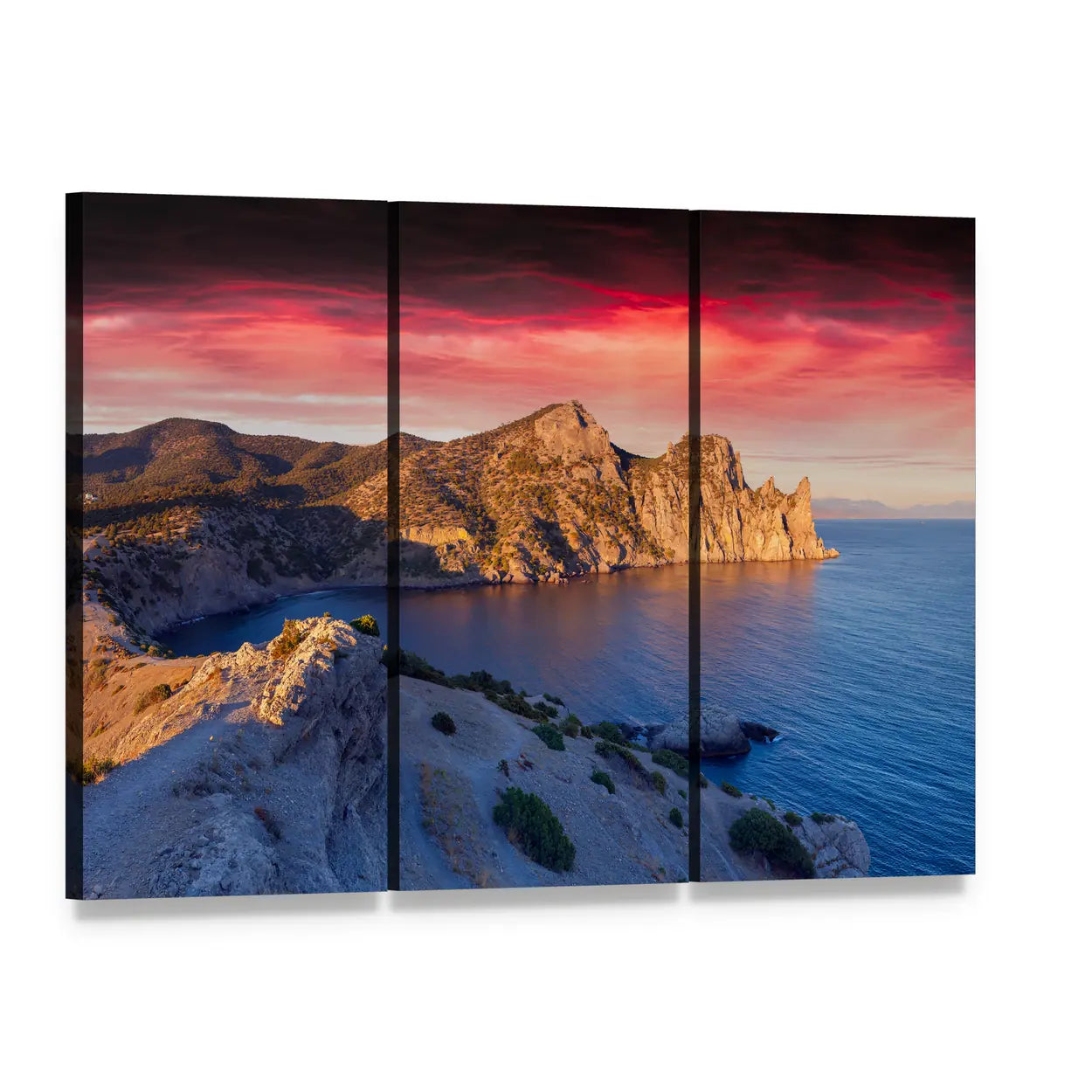 Summer Sunset Over Coastal Cliffs Canvas Wall Art, 3 panel 3 Horizontal layout gallery wrapped canvas set, angled product view