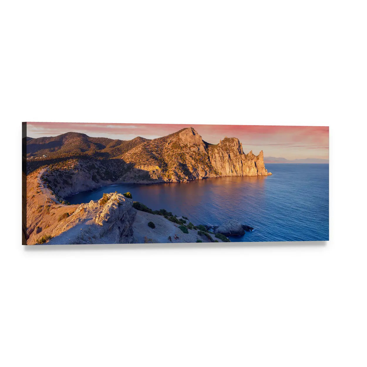 Summer Sunrise Over Coastal Cliffs Panoramic Canvas Wall Art, single panel gallery wrapped canvas, angled product view