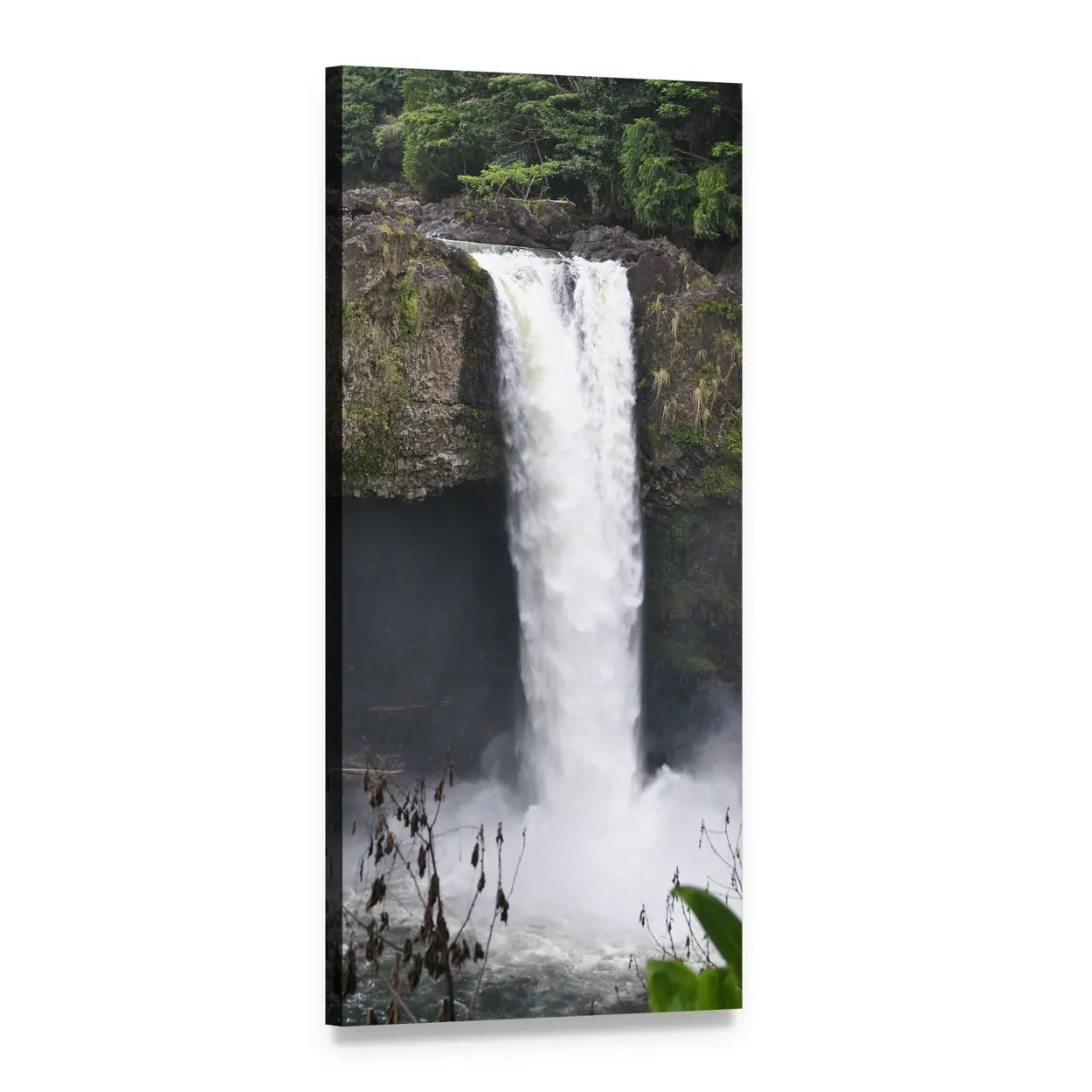 Cavern Waterfall with Lush Foliage Vertical Canvas Wall Art, 1 panel 1 Vertical layout gallery wrapped canvas set, angled product view