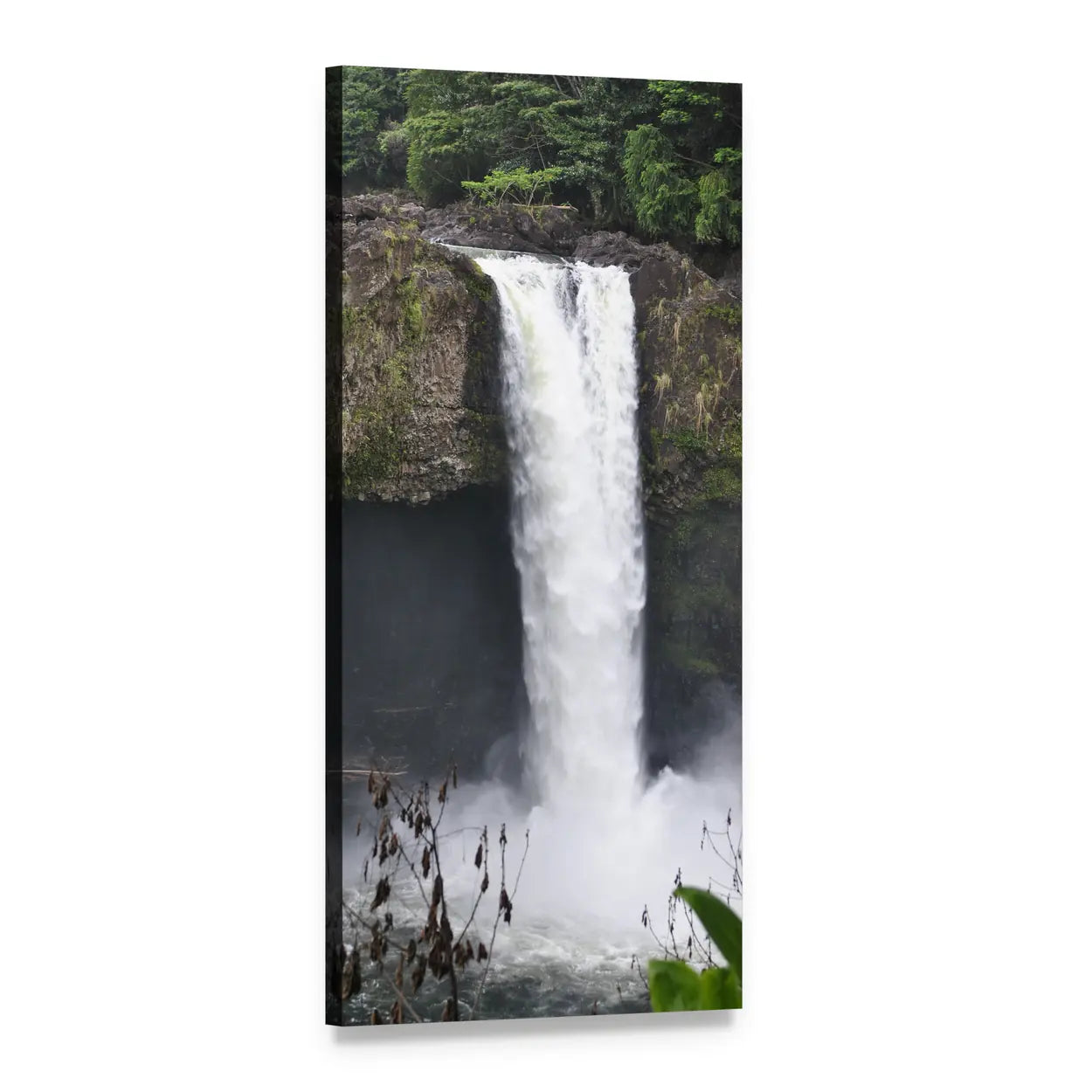 Cave Waterfall with Lush Vegetation Vertical Canvas Wall Art, 1 panel 1 Vertical layout gallery wrapped canvas set, angled product view