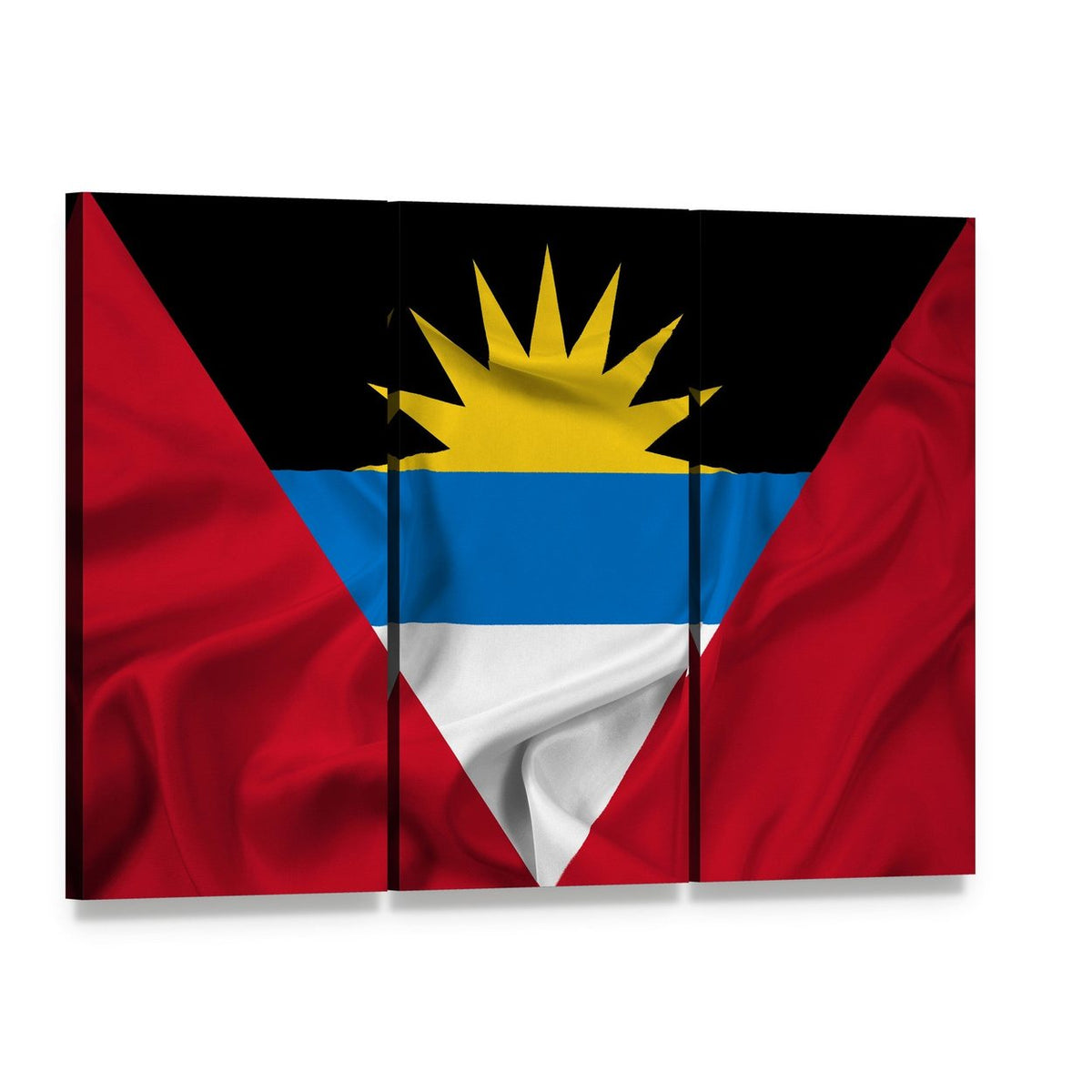 Waving Antigua and Barbuda Flag Canvas Wall Art, 3 panel 3 Horizontal layout gallery wrapped canvas set, angled product view