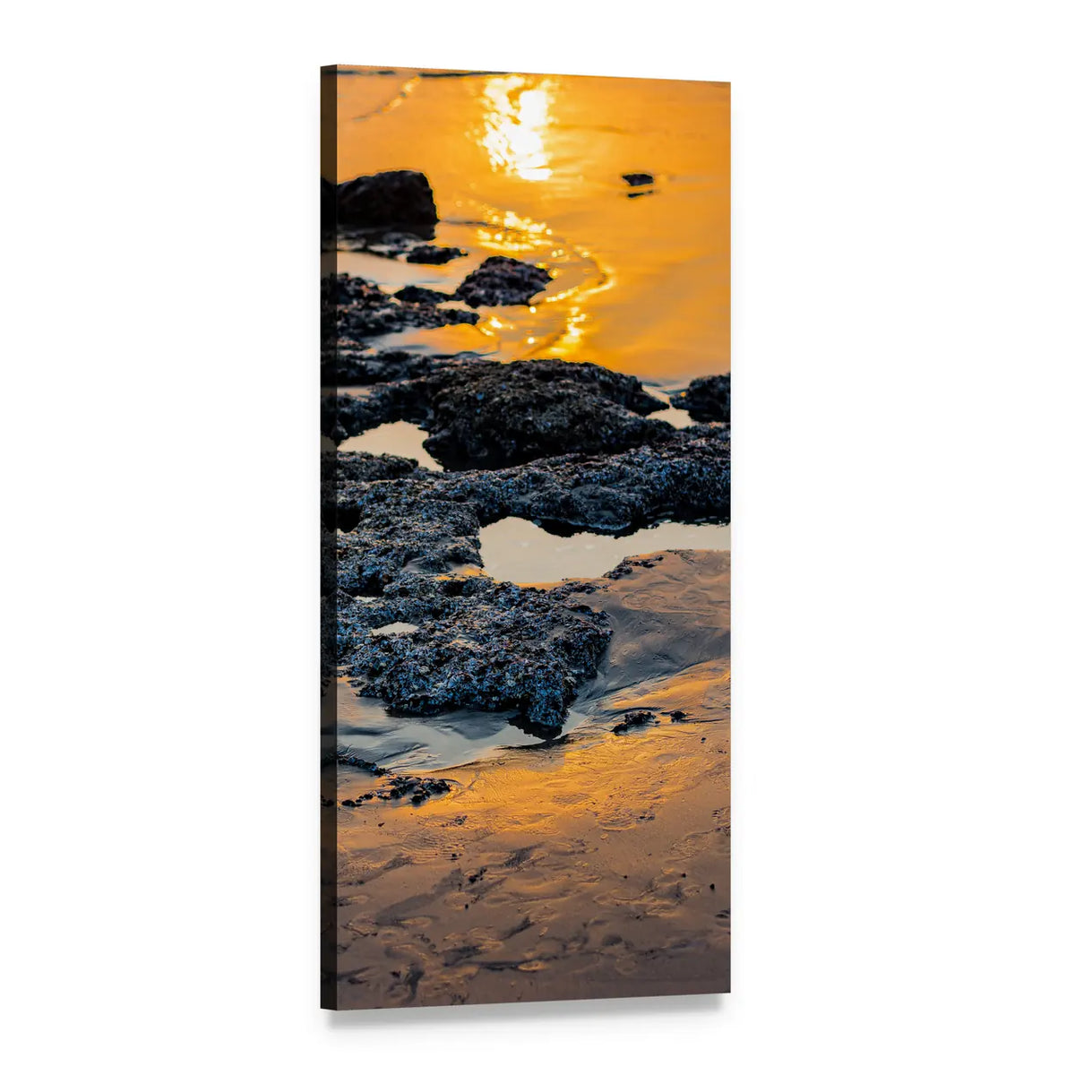 Sunset Beach with Wet Rocks Vertical Canvas Wall Art, 1 panel 1 Vertical layout gallery wrapped canvas set, angled product view