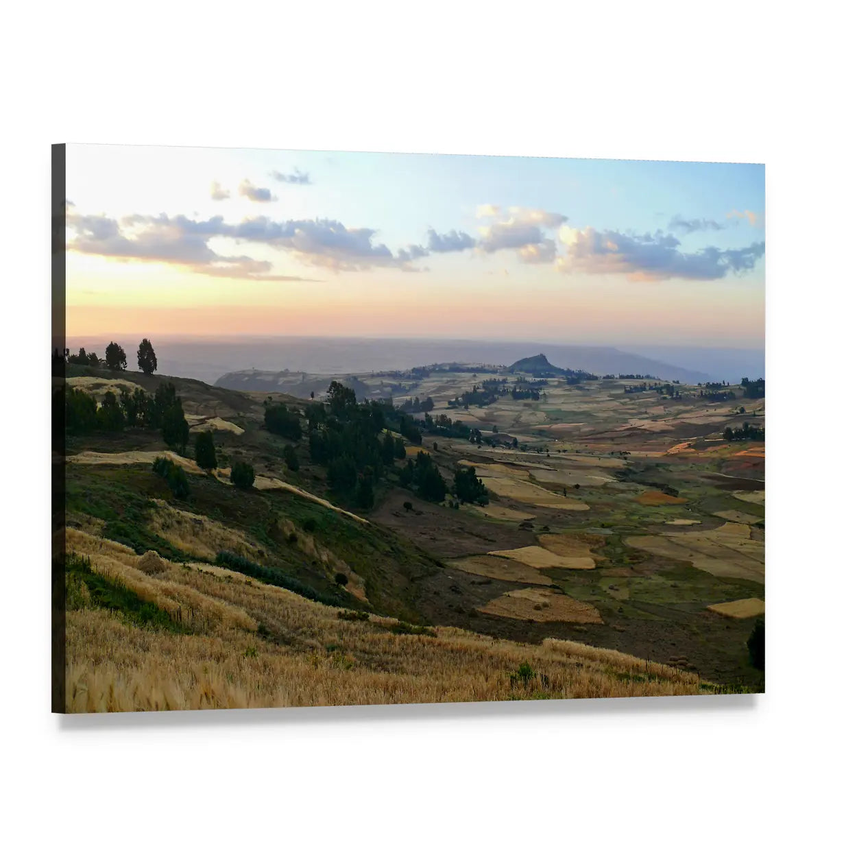 Ethiopian Mountain Farmland at Sunset Canvas Wall Art, single panel gallery wrapped canvas, angled product view