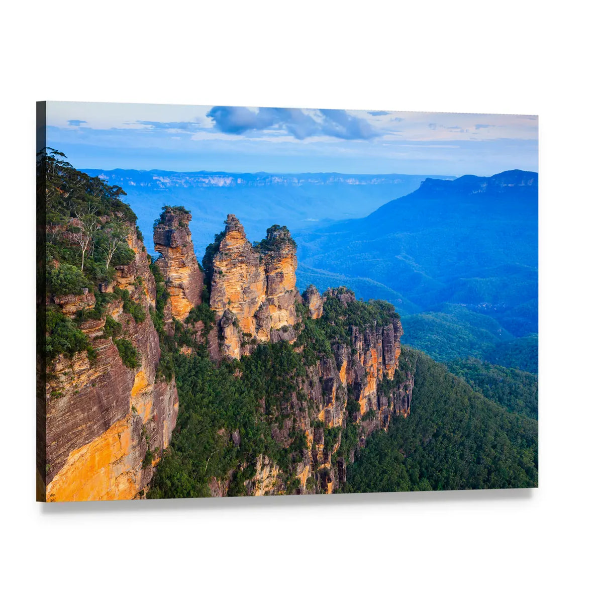 Three Sisters Blue Mountains Canvas Wall Art, single panel gallery wrapped canvas, angled product view