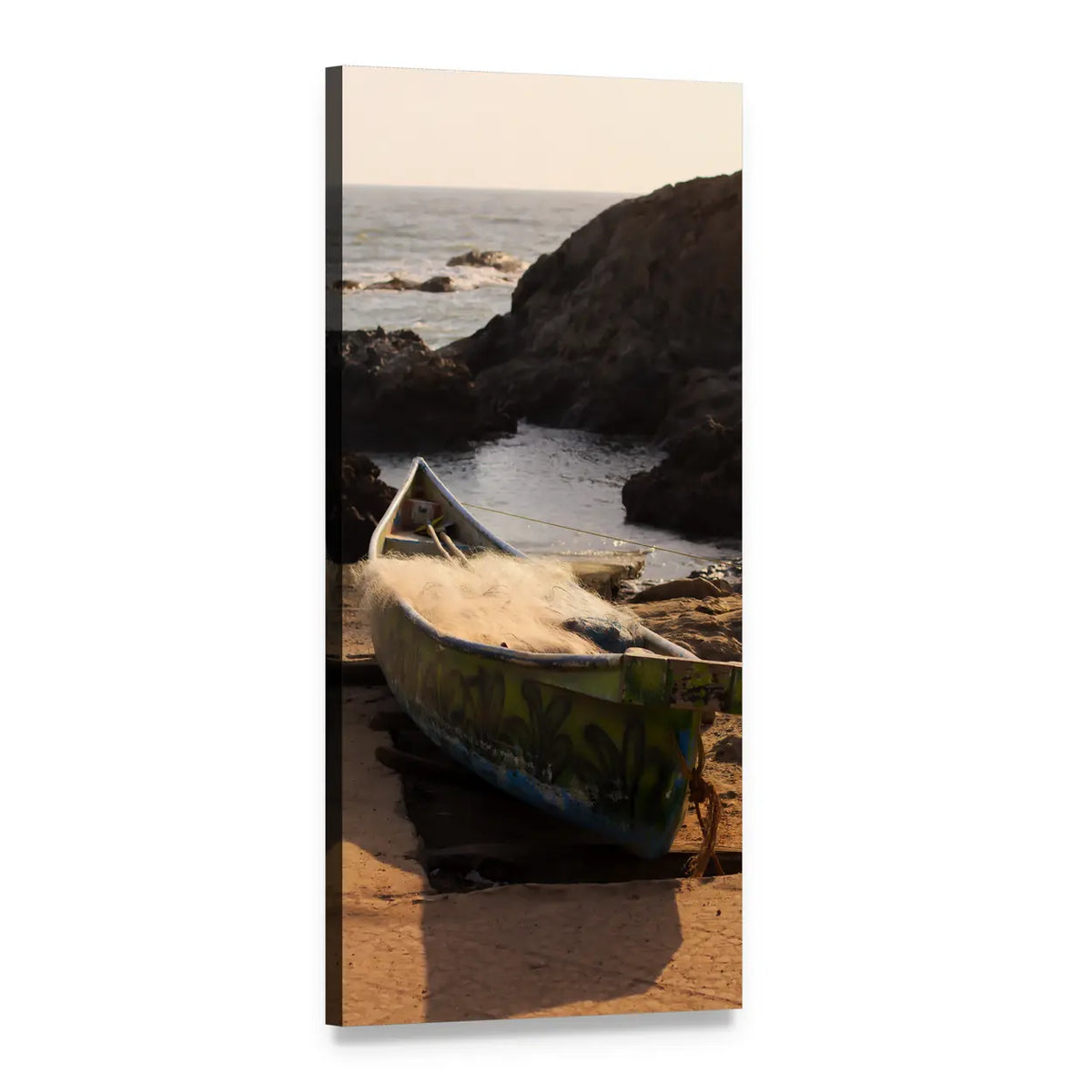 Weathered Green Fishing Boat in Golden Light Vertical Canvas Wall Art, 1 panel 1 Vertical layout gallery wrapped canvas set, angled product view