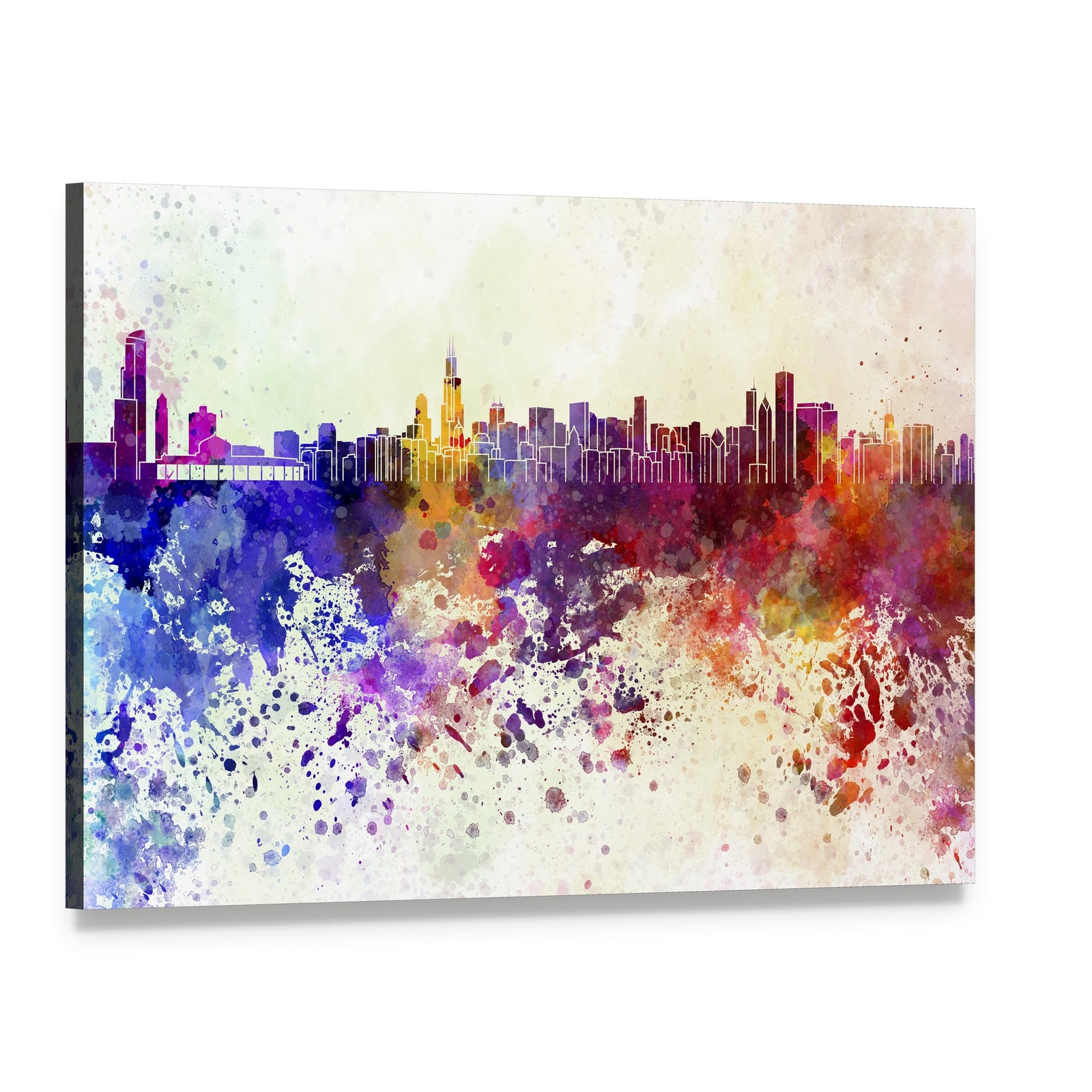 Watercolor Chicago Skyline Canvas Wall Art, single panel gallery wrapped canvas, angled product view