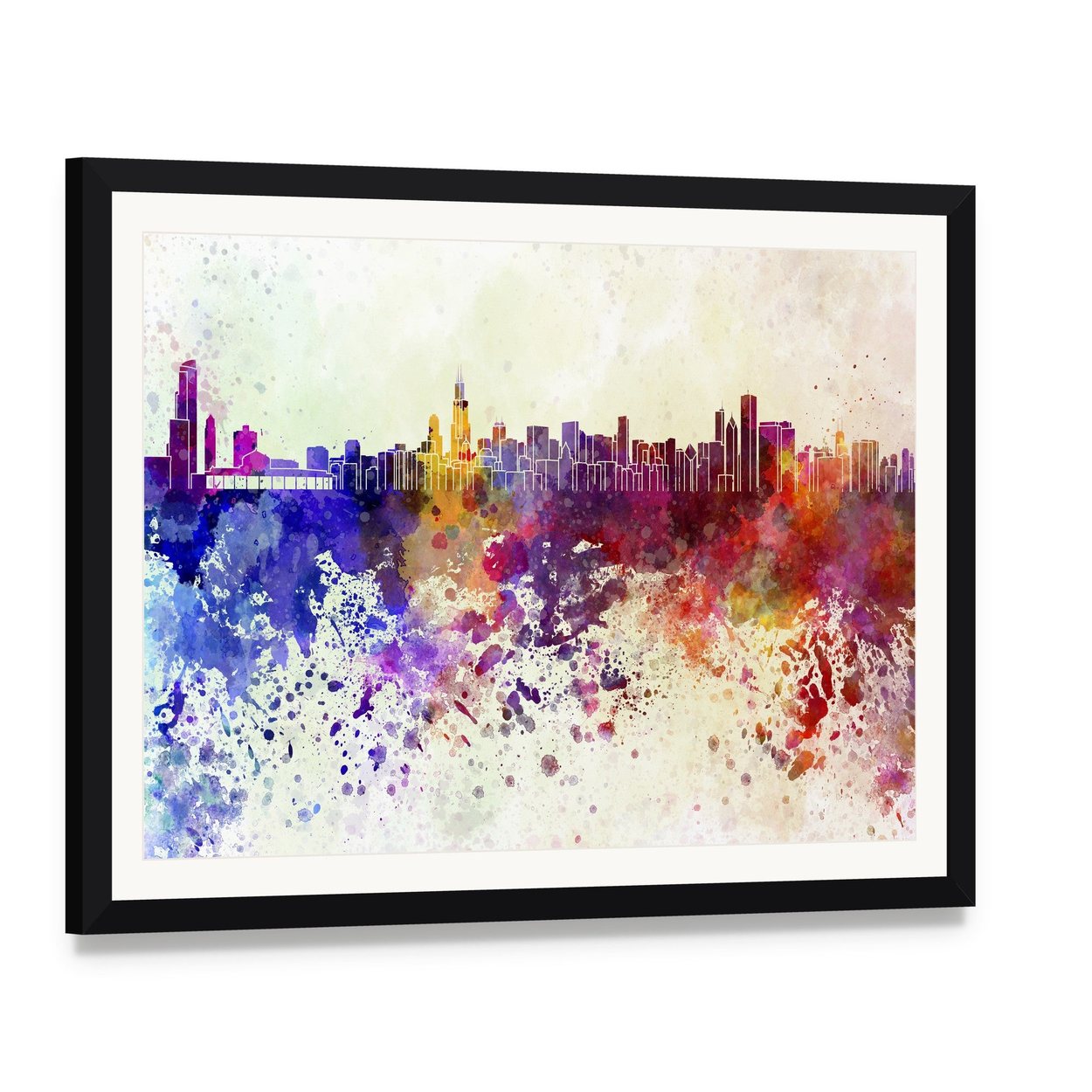 Watercolor Chicago Skyline Canvas Wall Art, framed print with white mat and black frame, angled product view