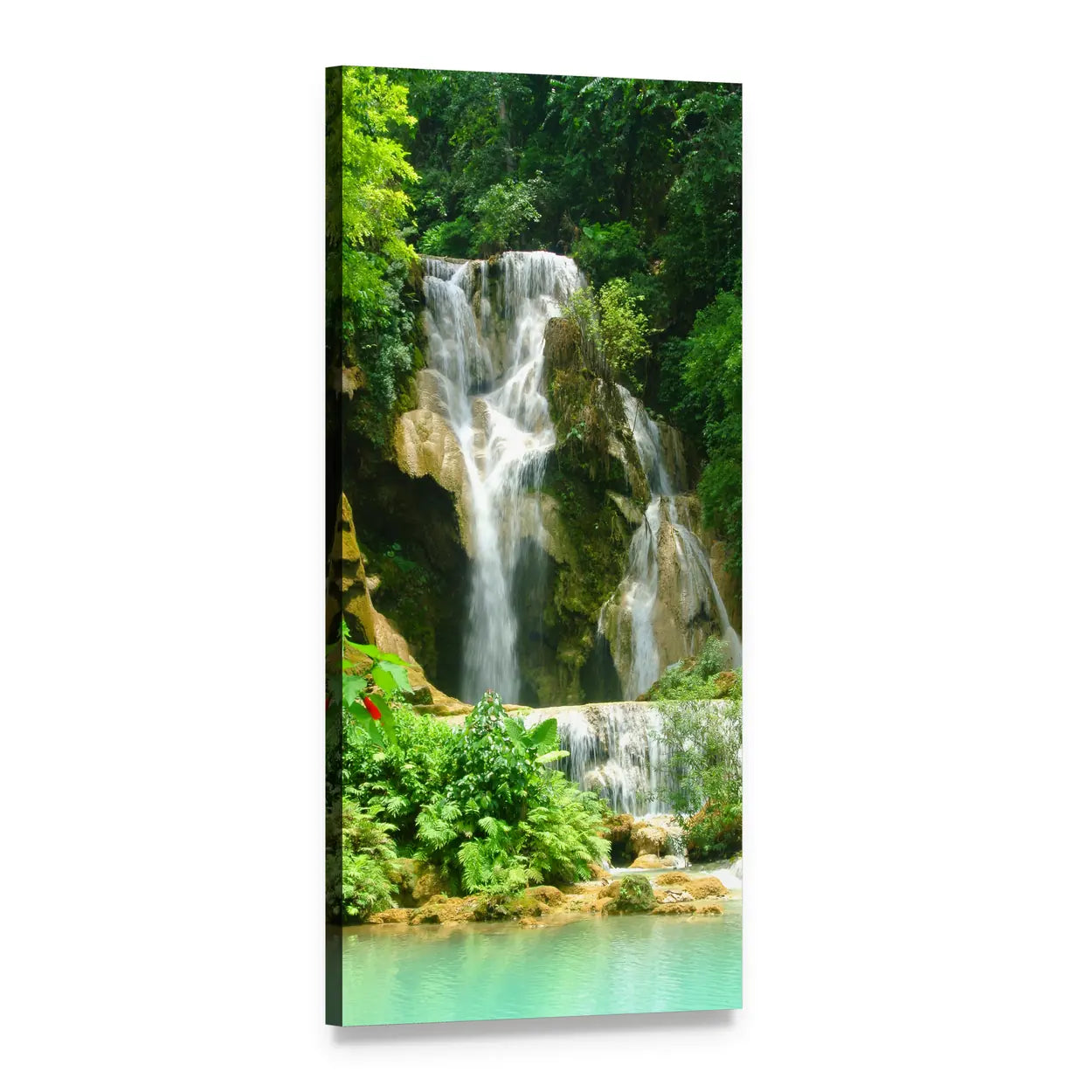 Tiered Waterfall in Summer Forest Vertical Canvas Wall Art, 1 panel 1 Vertical layout gallery wrapped canvas set, angled product view