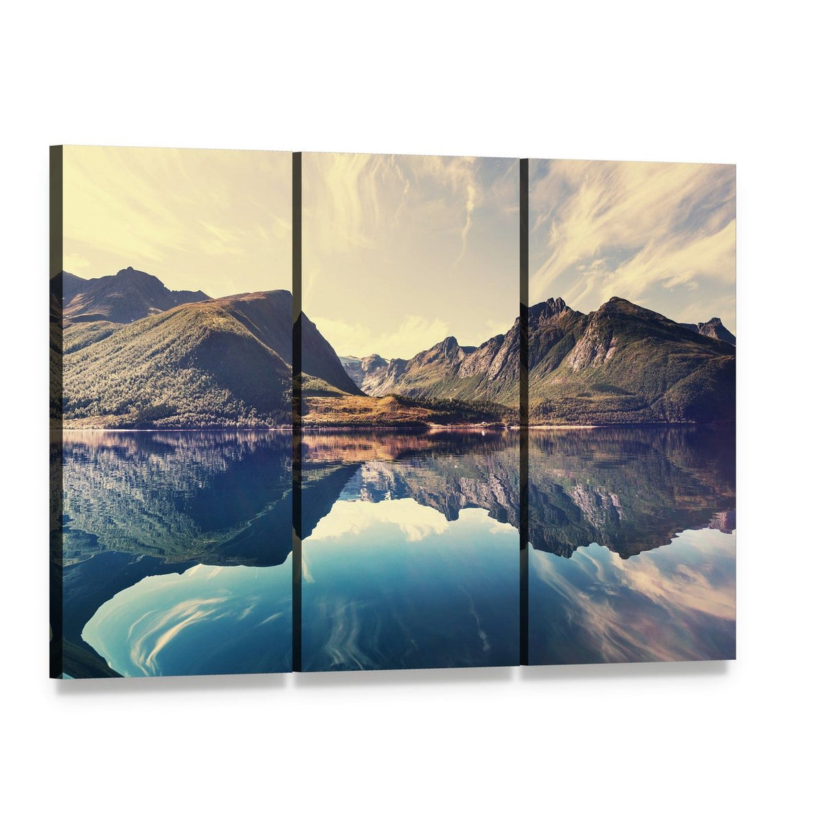 Lake in Norway Canvas Wall Art, 3 panel 3 Horizontal layout gallery wrapped canvas set, angled product view