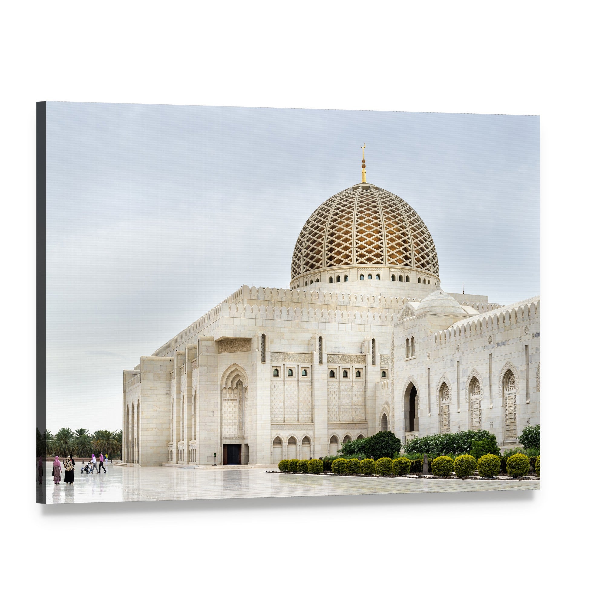 Sultan Qaboos Mosque Symmetrical Dome and Minarets Canvas Wall Art, single panel gallery wrapped canvas, angled product view