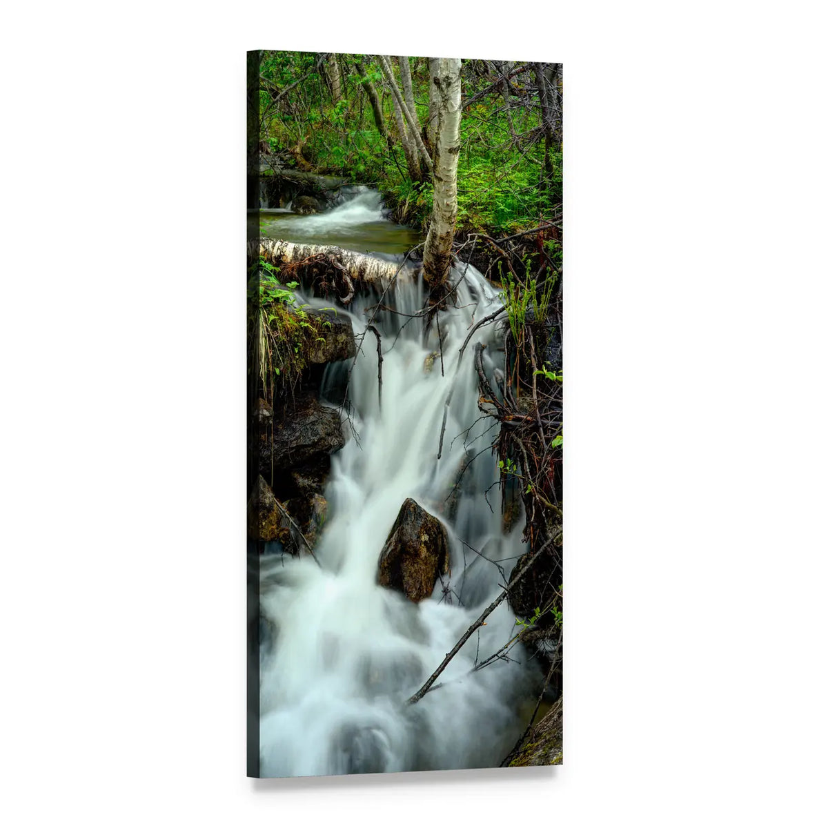 Silky Waterfall in Lush Green Forest Vertical Canvas Wall Art, 1 panel 1 Vertical layout gallery wrapped canvas set, angled product view