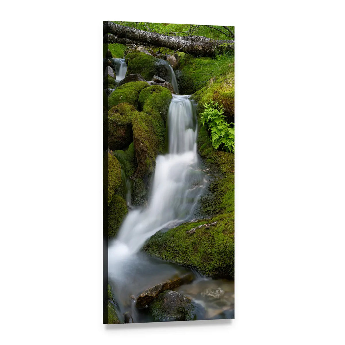 Summer Forest Stream and Waterfall Vertical Canvas Wall Art, 1 panel 1 Vertical layout gallery wrapped canvas set, angled product view