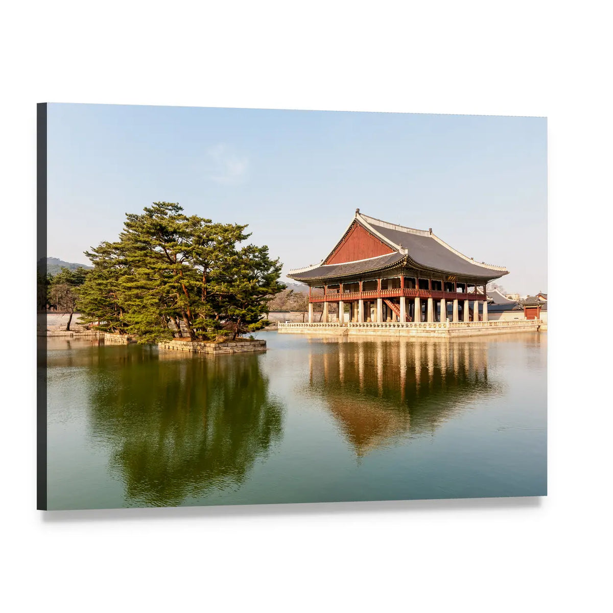 Gyeongbokgung Palace Pavilion Reflection Canvas Wall Art, single panel gallery wrapped canvas, angled product view