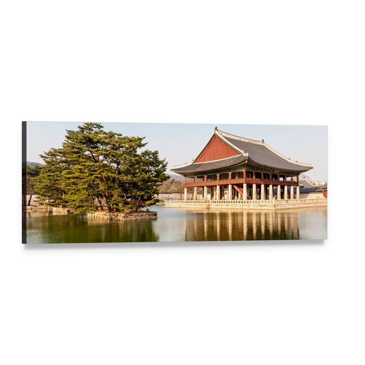 Gyeongbokgung Lakeside Pavilion Panoramic Canvas Wall Art, single panel gallery wrapped canvas, angled product view