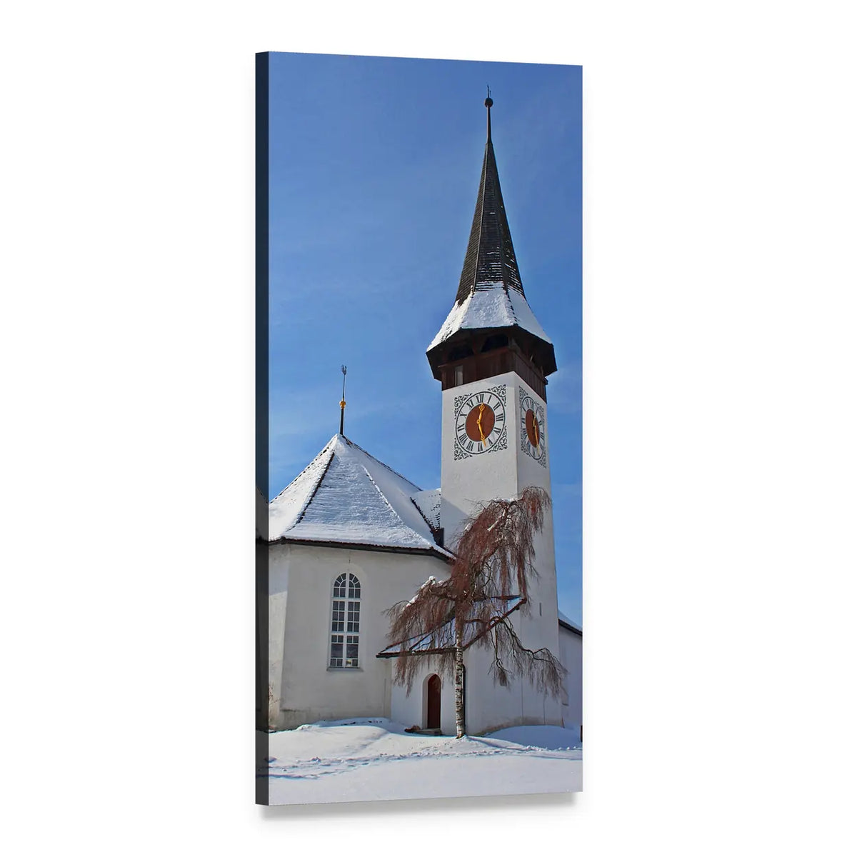 Snowy White Church with Clock Tower Vertical Canvas Wall Art, 1 panel 1 Vertical layout gallery wrapped canvas set, angled product view