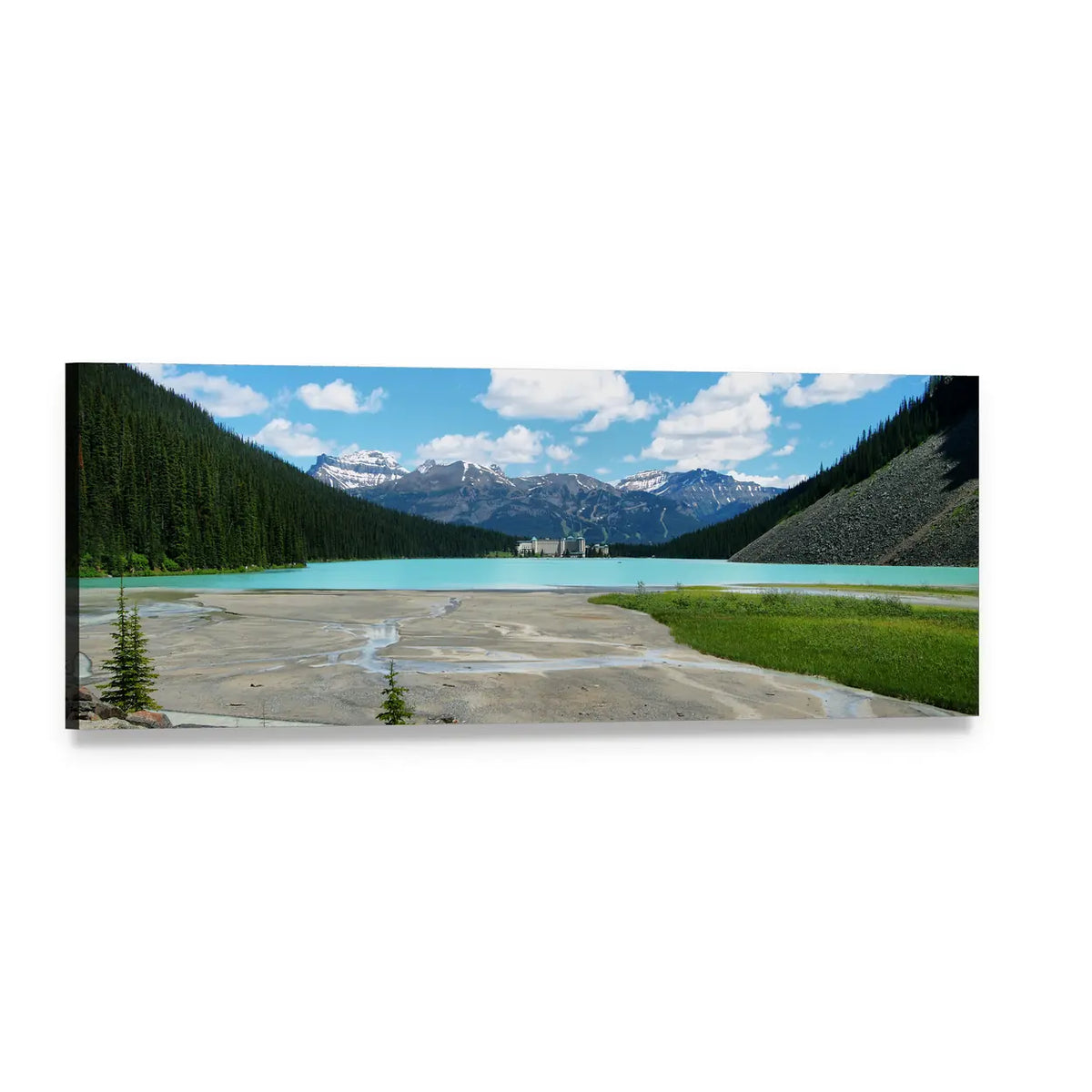Lake Louise View in Banff National Park Panoramic Canvas Wall Art, single panel gallery wrapped canvas, angled product view