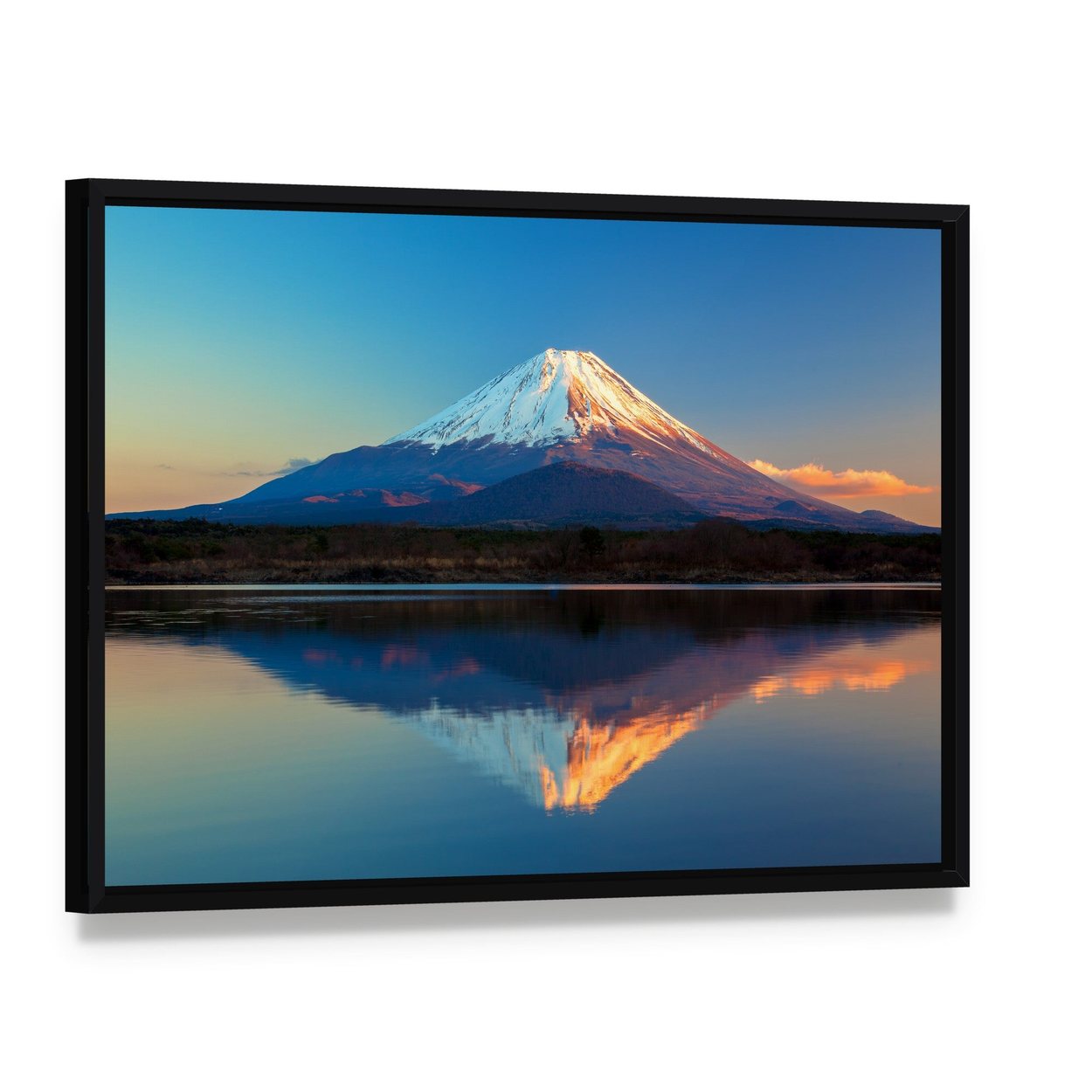 Snow-capped Mount Fuji Reflection in Lake Shoji Canvas Wall Art, framed canvas in a black floater frame, angled product view