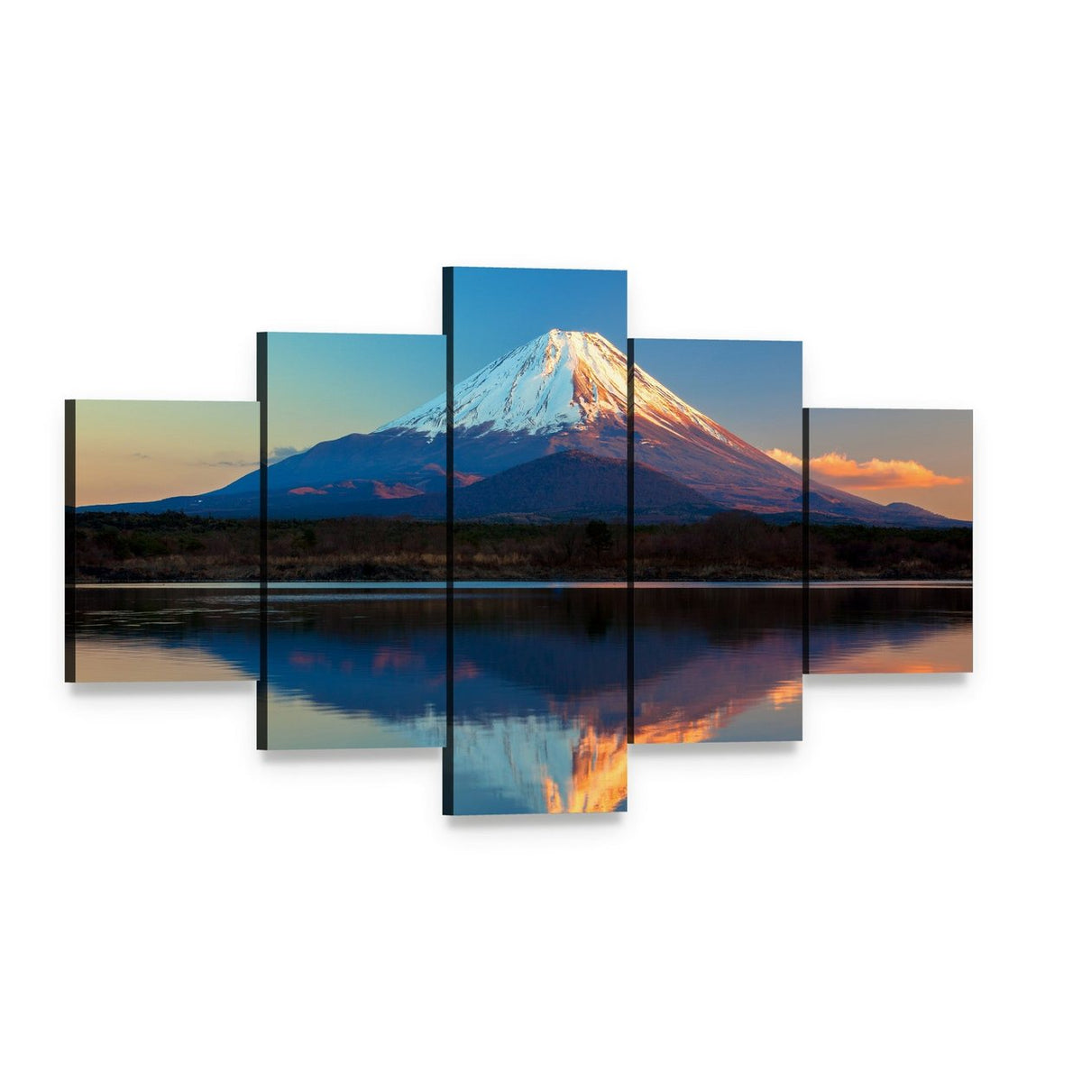 Snow-capped Mount Fuji Reflection in Lake Shoji Canvas Wall Art, 5 panel 5 Star layout gallery wrapped canvas set, angled product view