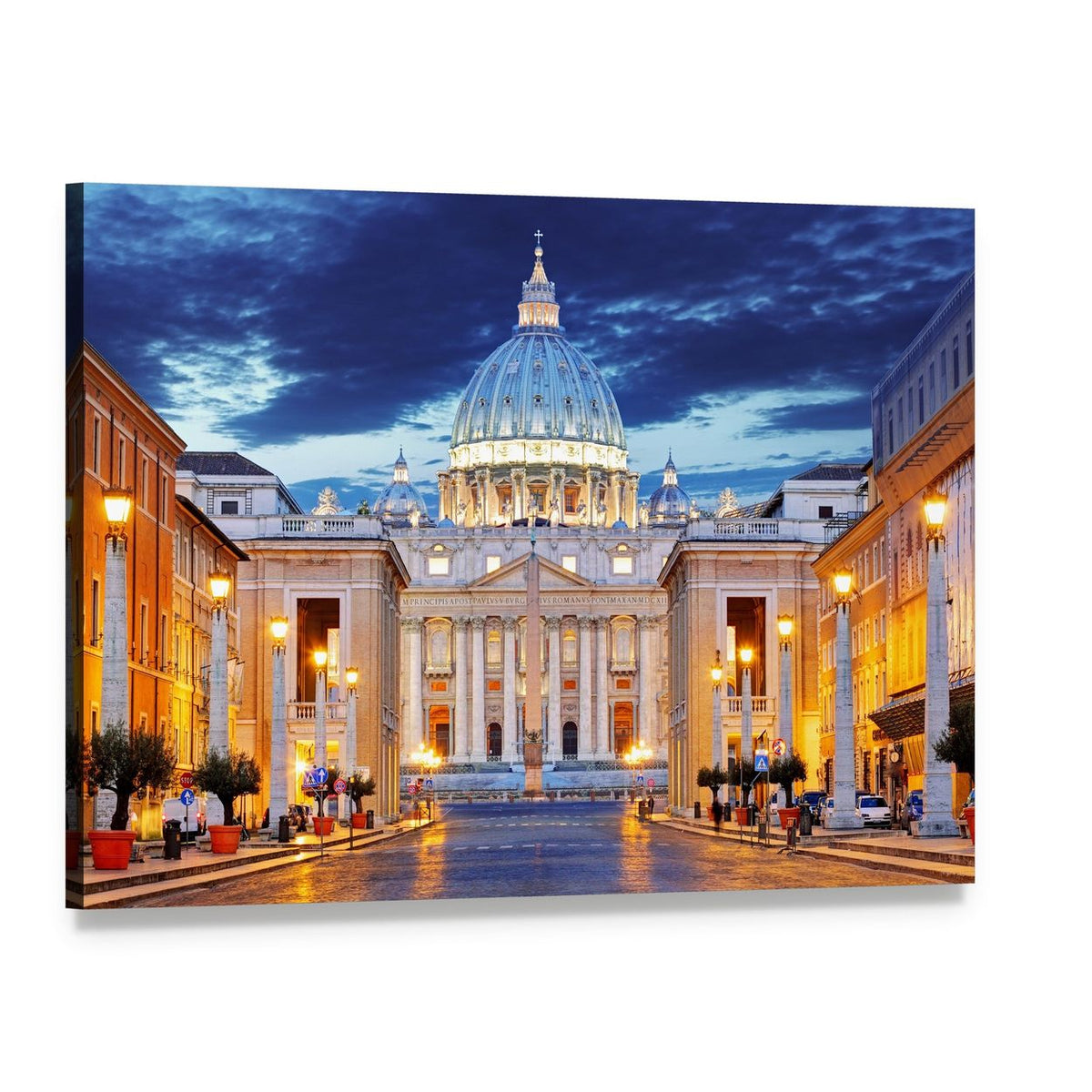 St. Peter's Basilica Night Scene Canvas Wall Art, single panel gallery wrapped canvas, angled product view