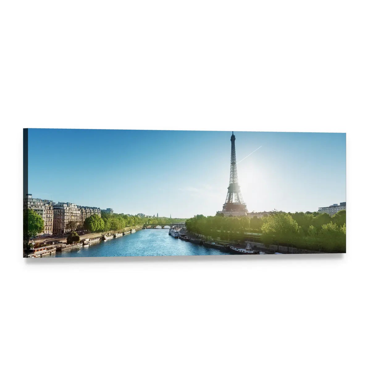 Sunrise Over the Eiffel Tower Panoramic Canvas Wall Art, single panel gallery wrapped canvas, angled product view