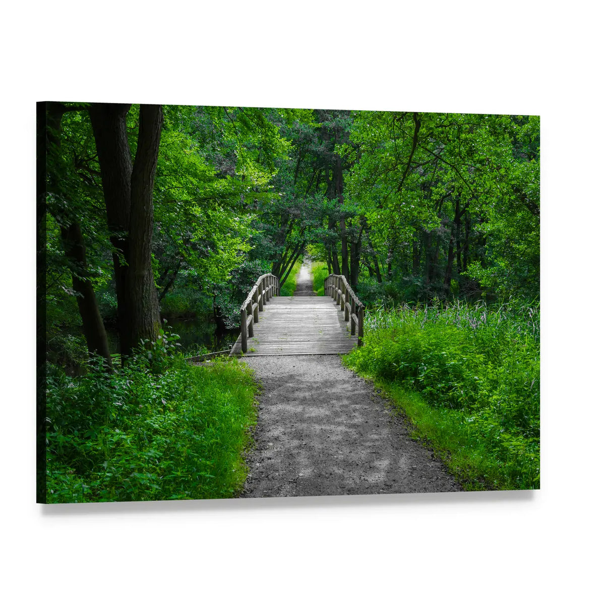Charming Old Wooden Bridge Canvas Wall Art, single panel gallery wrapped canvas, angled product view