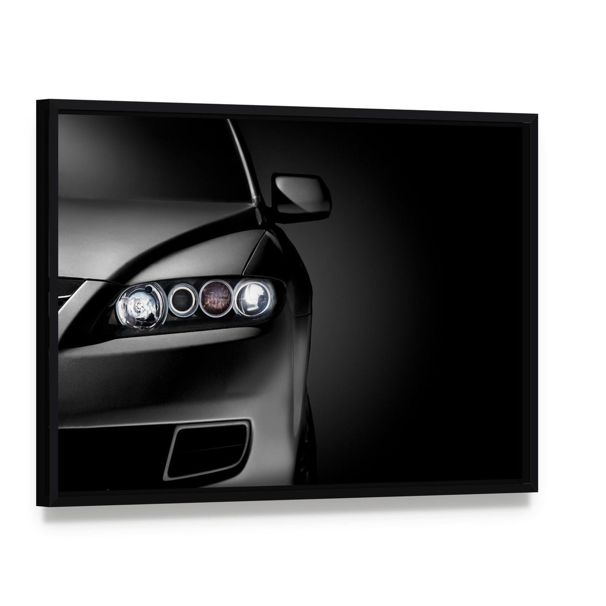 Gray Modern Car Closeup Canvas Wall Art, framed canvas in a black floater frame, angled product view