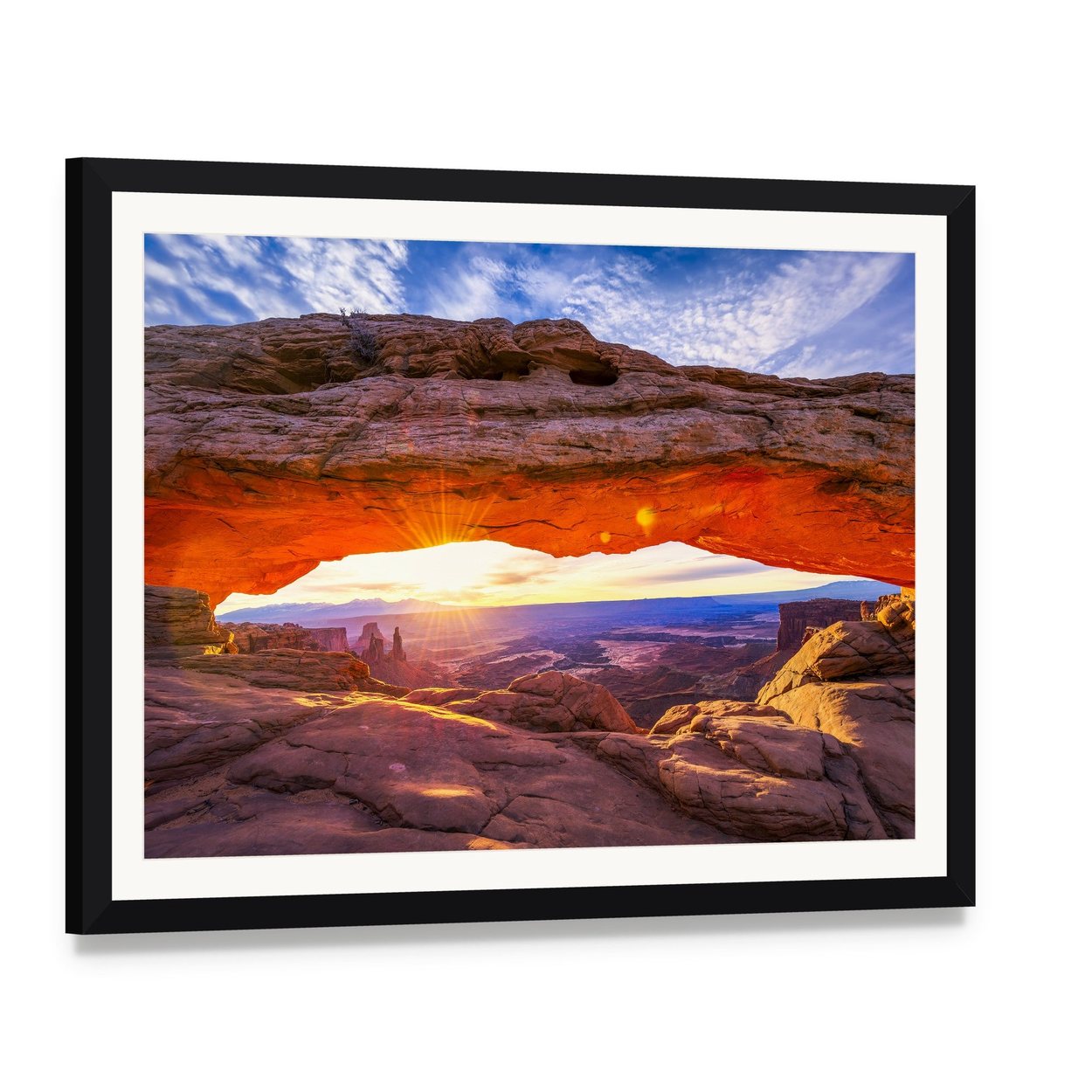 Sunrise at Mesa Arch Canvas Wall Art, framed print with white mat and black frame, angled product view