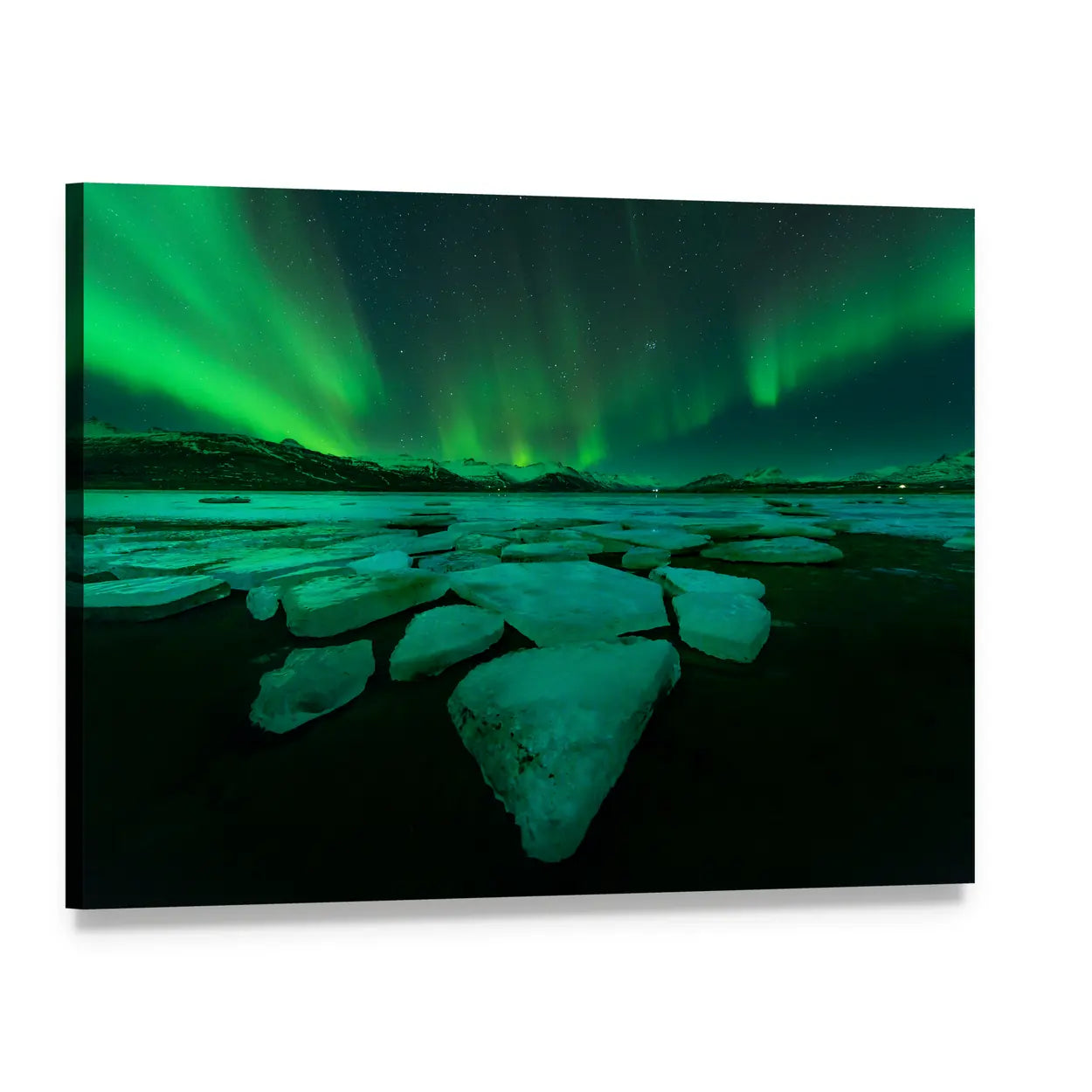 Northern Lights Over Ice Floes, Iceland Canvas Wall Art, single panel gallery wrapped canvas, angled product view
