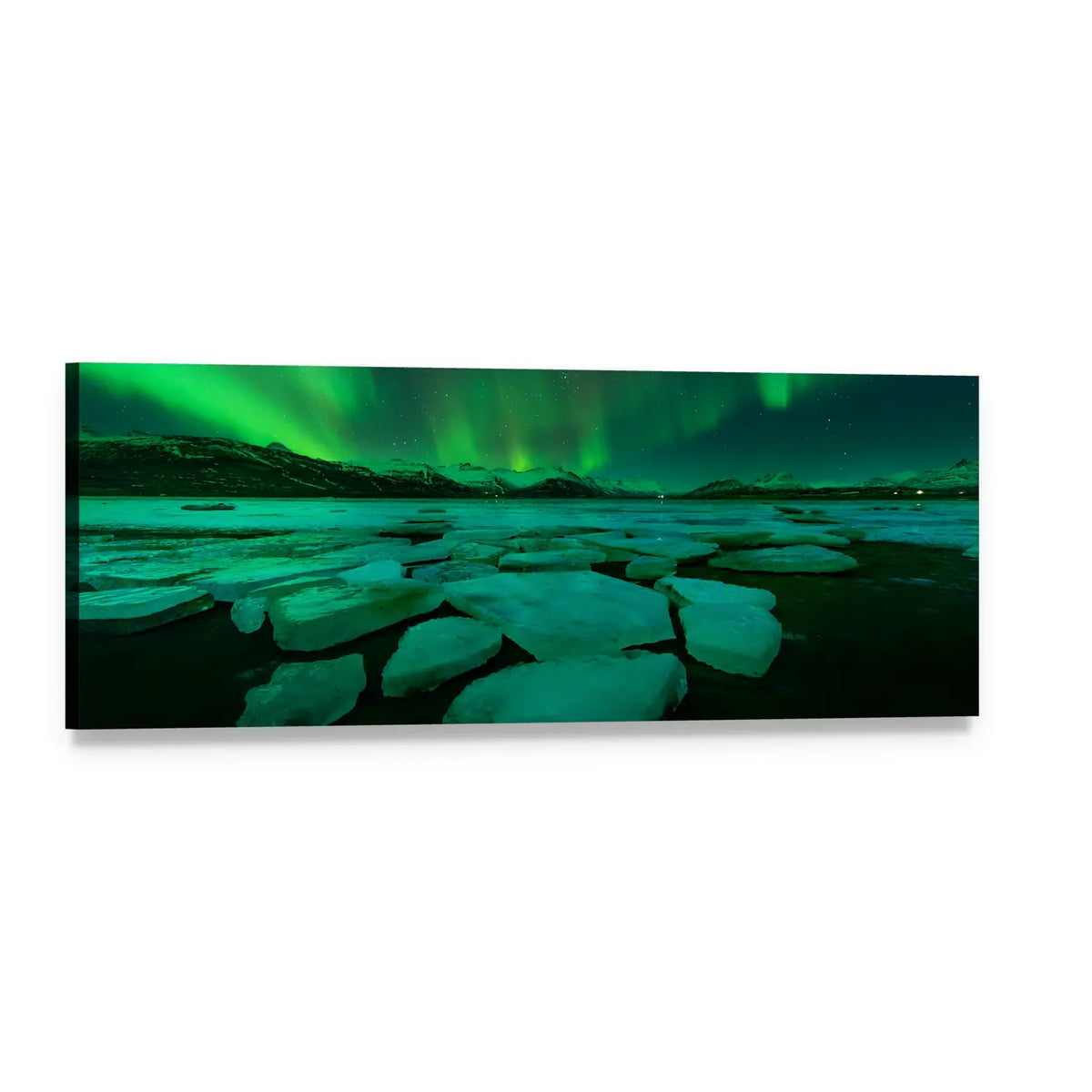 Northern Lights Over Iceland Ice Floes Panoramic Canvas Wall Art, single panel gallery wrapped canvas, angled product view