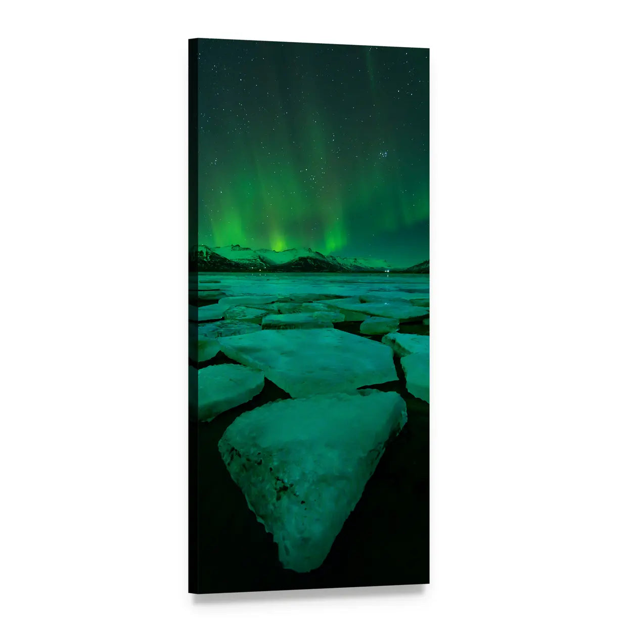 Northern Lights Over Ice Floes Vertical Canvas Wall Art, 1 panel 1 Vertical layout gallery wrapped canvas set, angled product view
