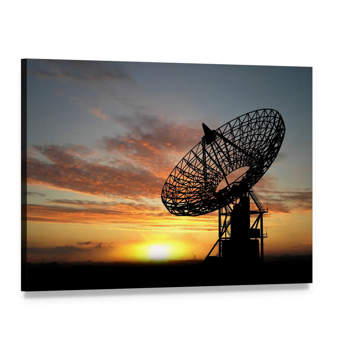 Satellite Dish Silhouettes at Sunset Canvas Wall Art, single panel gallery wrapped canvas, angled product view