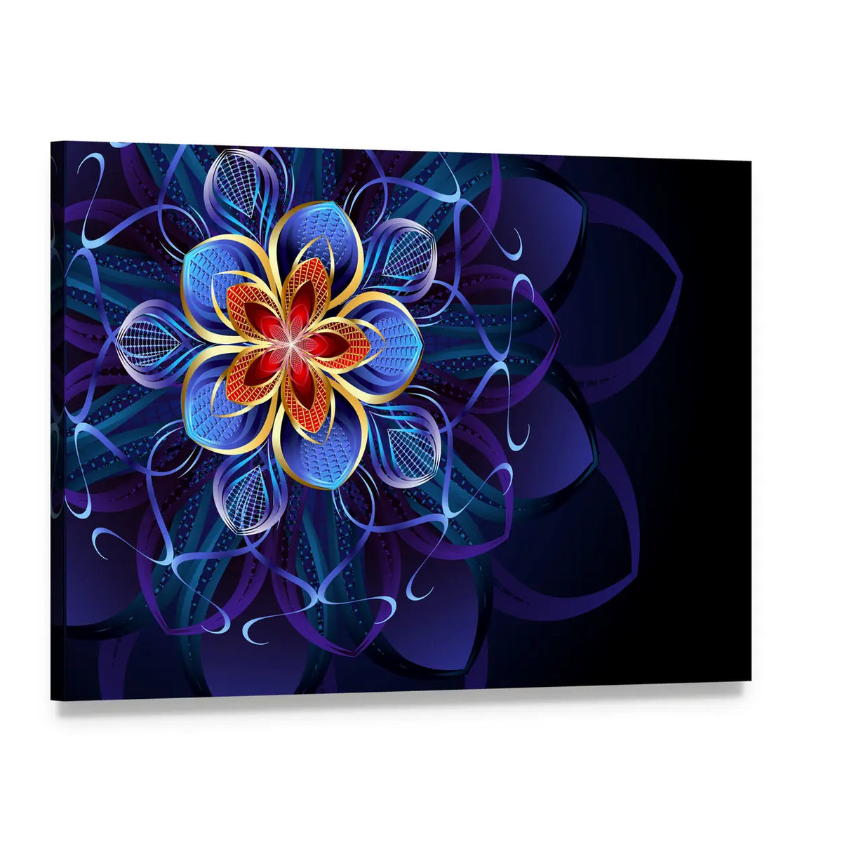 Navy Blue Geometric Flower Mandala Canvas Wall Art, single panel gallery wrapped canvas, angled product view